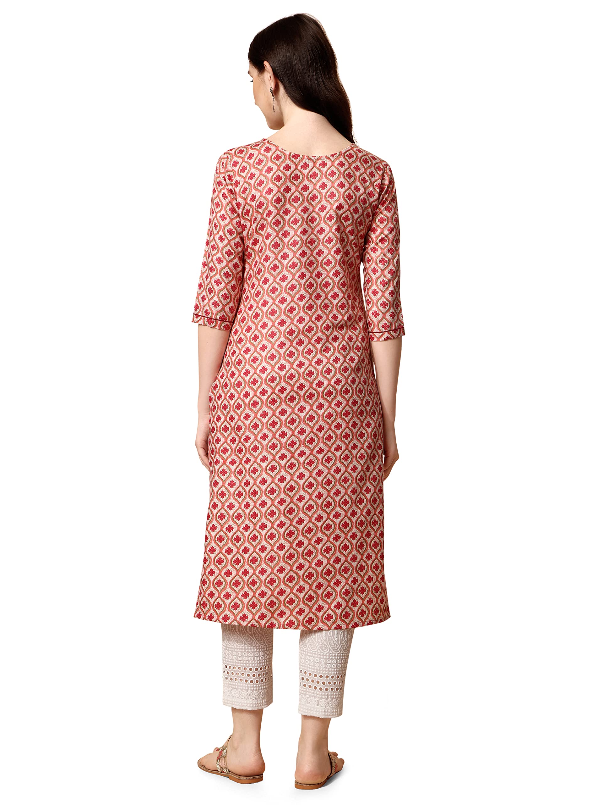 Nainvish Women's Cotton Blend Straight V-Neck Printed Kurta (Sd422_K-L_Red)