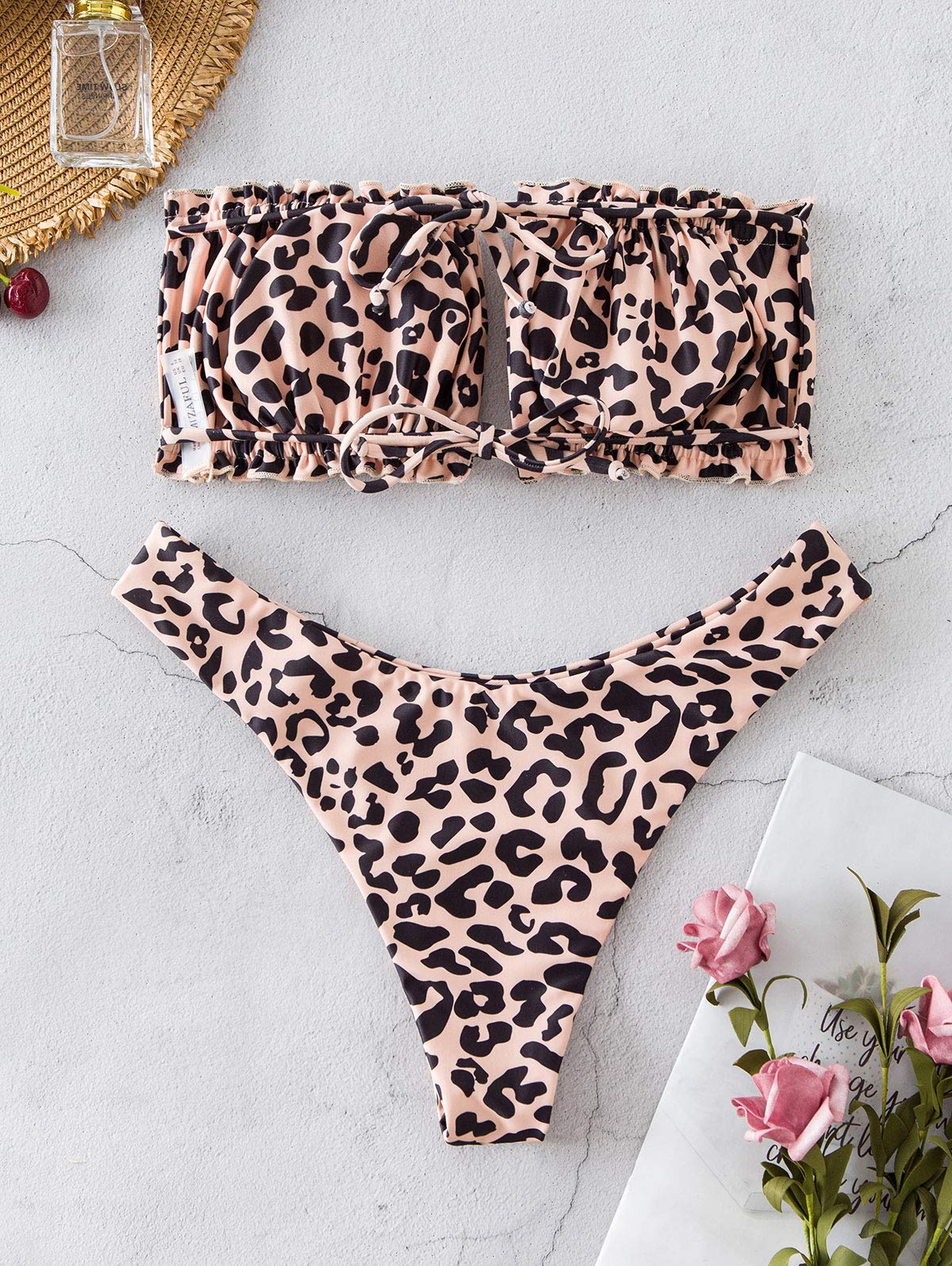 ZAFUL Ensemble de bikini pour femme, bandeau sans bretelles avec cordon de serrage et maillots de bain de couleur unie avec volants