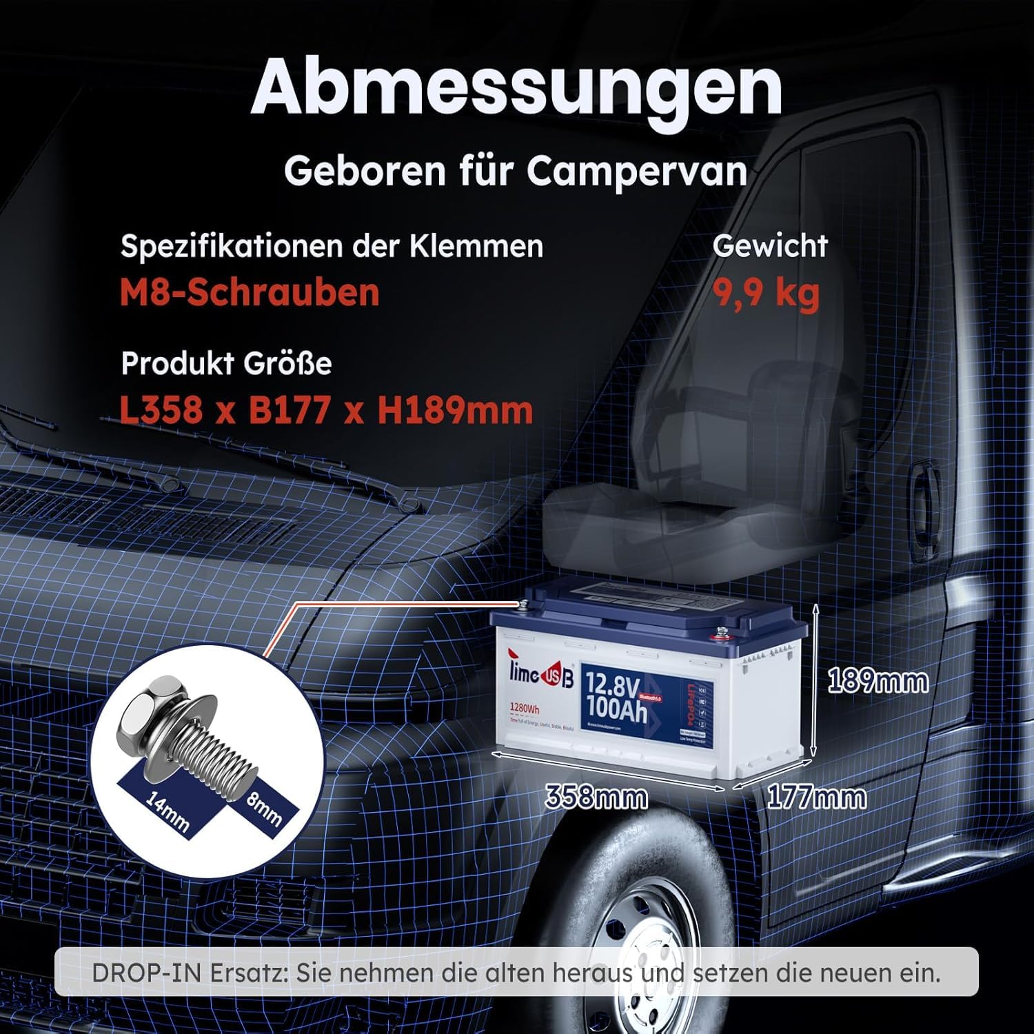 Timeusb LiFePO4 12V 100Ah Batterie Bluetooth H190 für Untersitz Wohnmobil | DIN H8/L5,100A BMS mit Tieftemperaturschutz,1280Wh Tiefzyklus Lithium Akku für RV Campervan Wohnwagen