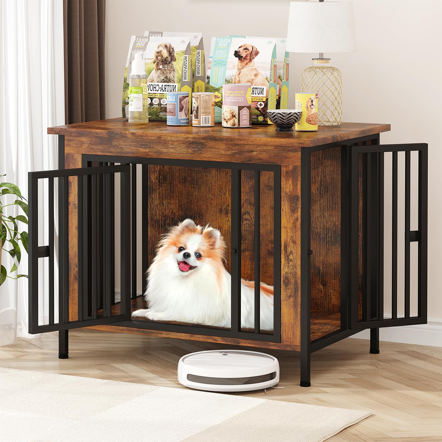 Hundekäfig Möbel mit 2 Türen, 80 cm Holz Hundekäfig für Kleine/Mittlere Hunde, Indoor Hundebox für Zuhause als Beistelltisch und TV-Ständer, 80 x 57 x 71 cm, Braun