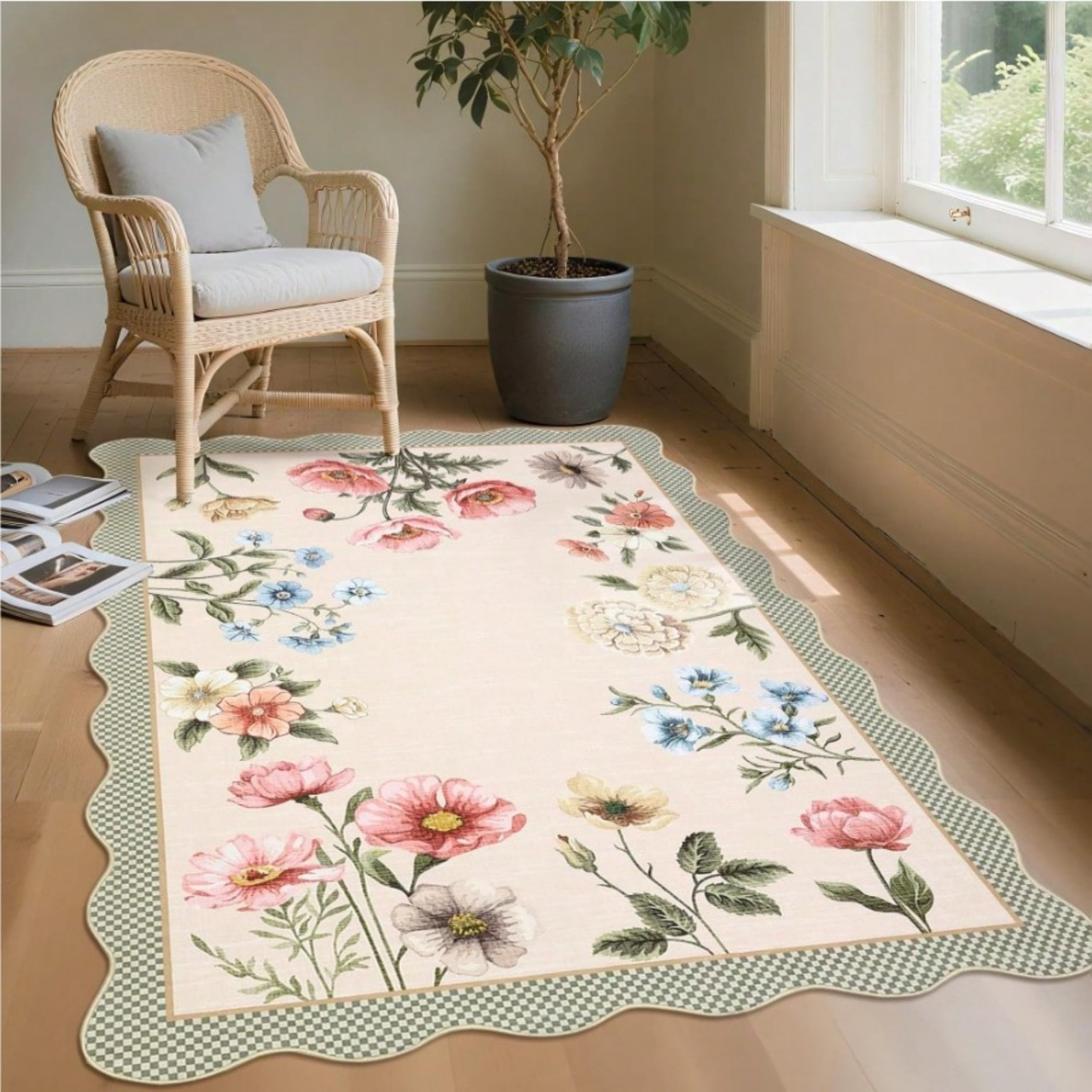 SOJAWA Floral Rug for Girls Bedroom, 180x230cm,Peach White Cute Flowers Carpet, Boho Rug Low Pile, Soft Vintage Floral Area Rugs for Bedroom, Kitchen,Entryway, Lounge, Bedside, Dorm