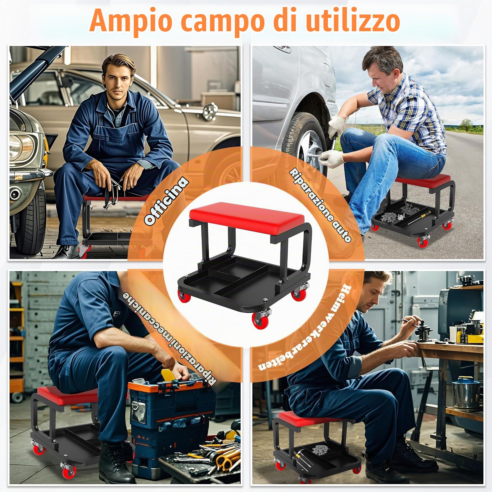 UISEBRT Sgabello da officina mobile con ripiano e ruote, per garage, da lavoro, portata 150 kg, per officina, cura dei veicoli, manutenzione della macchina e fai da te (rettangolare)