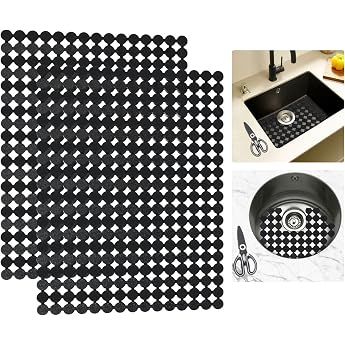 Pack of 2 Sink Mats with Scissors PVC Cut to Size Sink Liner Dish Drying Mat Ceramic/Stainless Steel Sink Protection Mat Kitchen Accessories 30 x 40 cm Dark Black