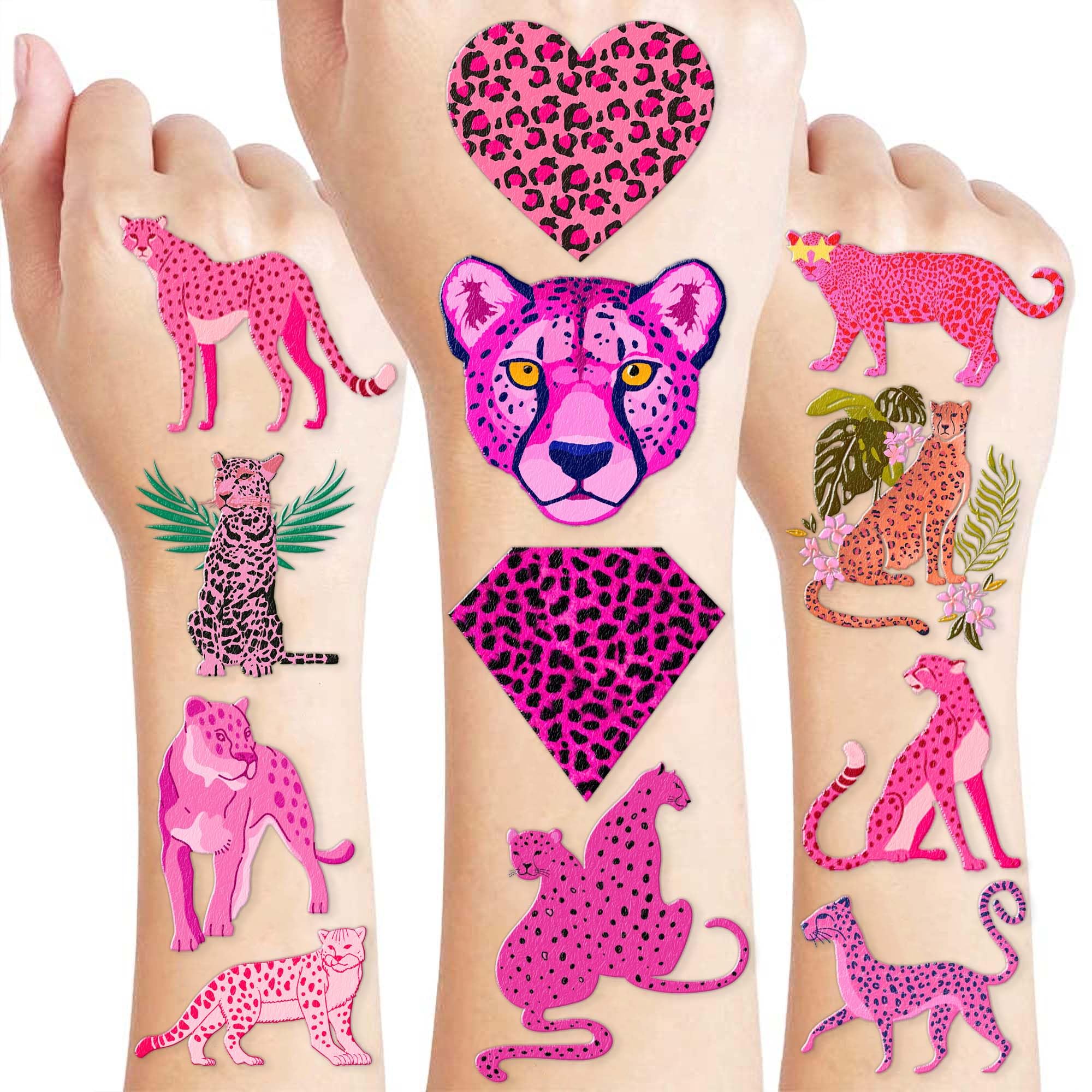 96 PCS Pink Cheetah Temporary Tattoos – Jungle Animal Theme Birthday Party Favors, Wild Cat Stickers Decorations for Kids Girls Boys, Cute Safari