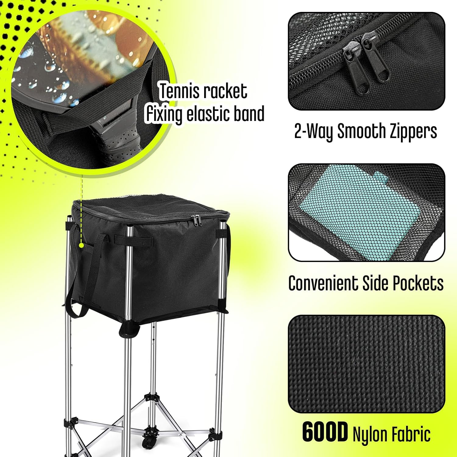 Aliceset Tennis Balls Hopper Tennis Ball Basket Picker Hopper Container with Side Pockets Lightweight Teaching Cart Bag for Picking and Storage Training Tool for Ball, Frame Not Included