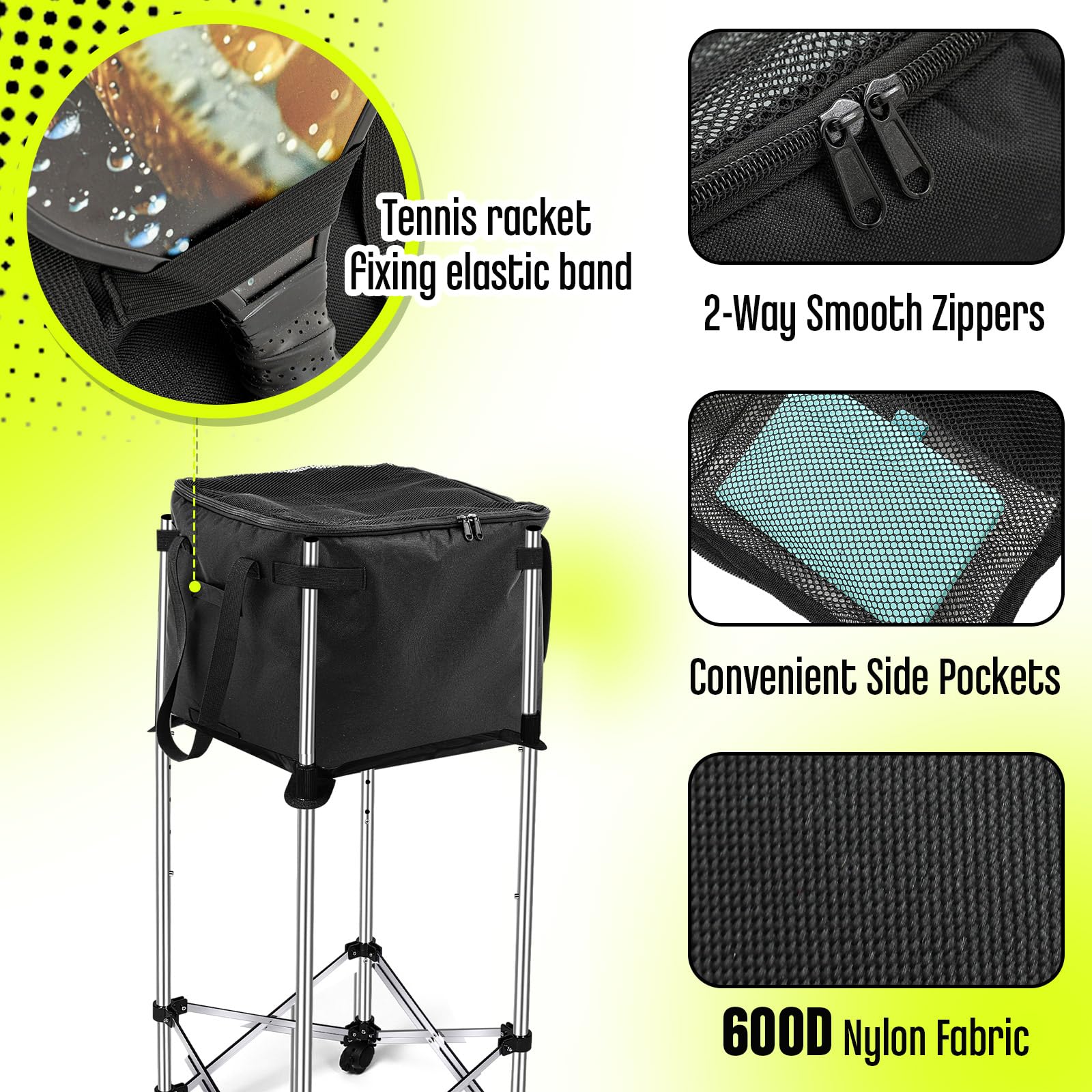 Aliceset Panier de balles de tennis avec poches latérales - Sac de rangement portable de rechange léger pour balle de baseball, tennis de table, cadre non inclus