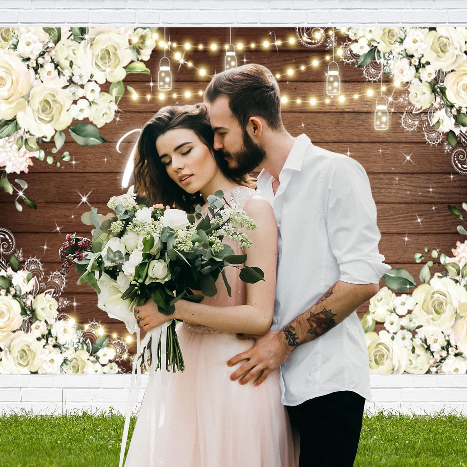 3.6x3m Mr & Mrs Hintergrund Weiß Floral Rustikal Holz Fotografie Hintergrund Braut Dusche Braut zu Sein Verlobung Hochzeit Party Dekorationen Banner Photo Booth Requisiten