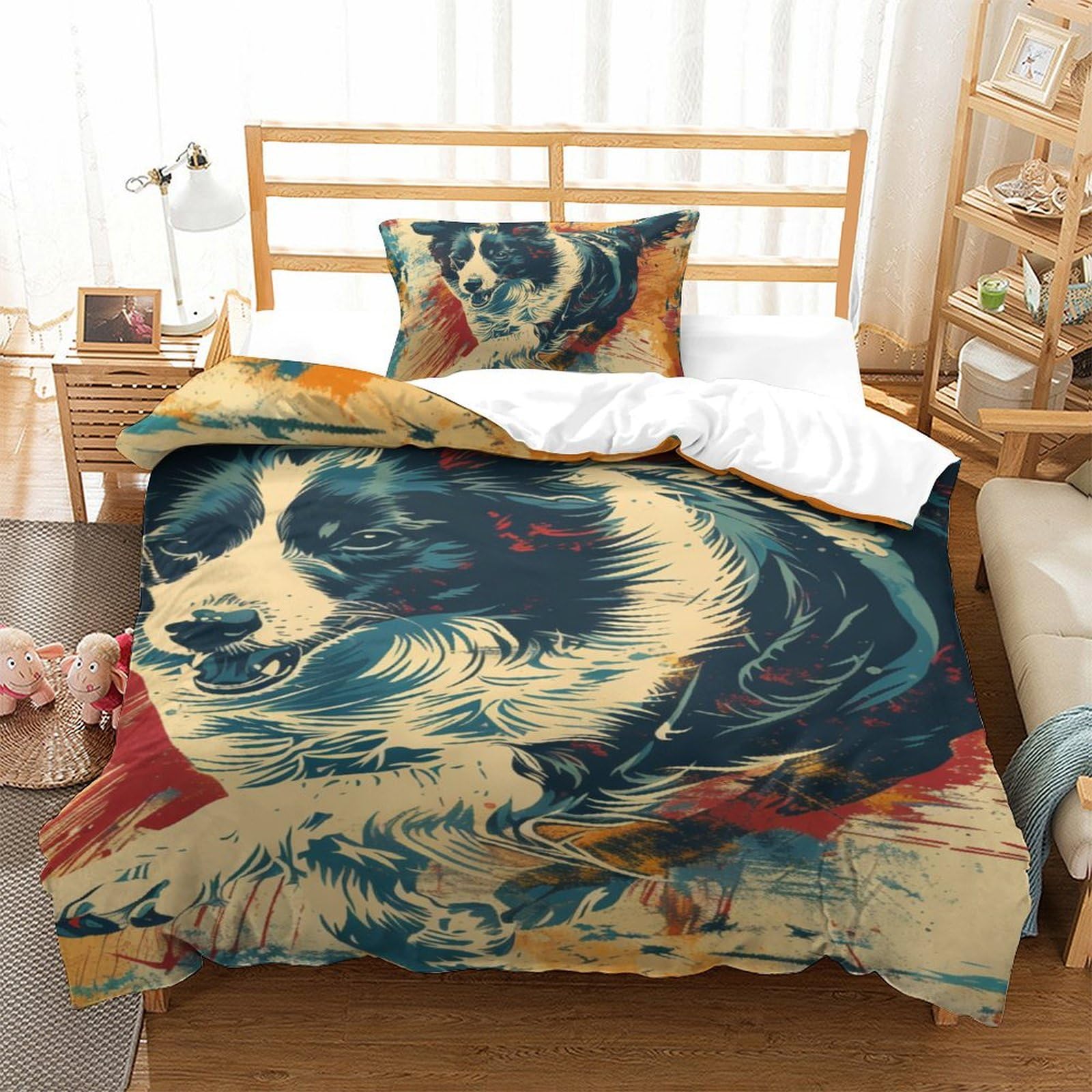 Housse de couette 135x200cm chien 3D en microfibre résistante aux lavages et facile à enfiler