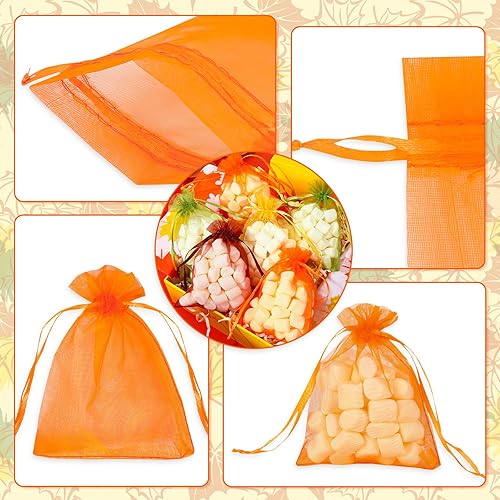 Miniatura 3 de Whaline 120 bolsas de organza de otoño con cordón naranja, amarillo, verde, marrón, bolsas de regalo de vacaciones de otoño, bolsas de regalo de