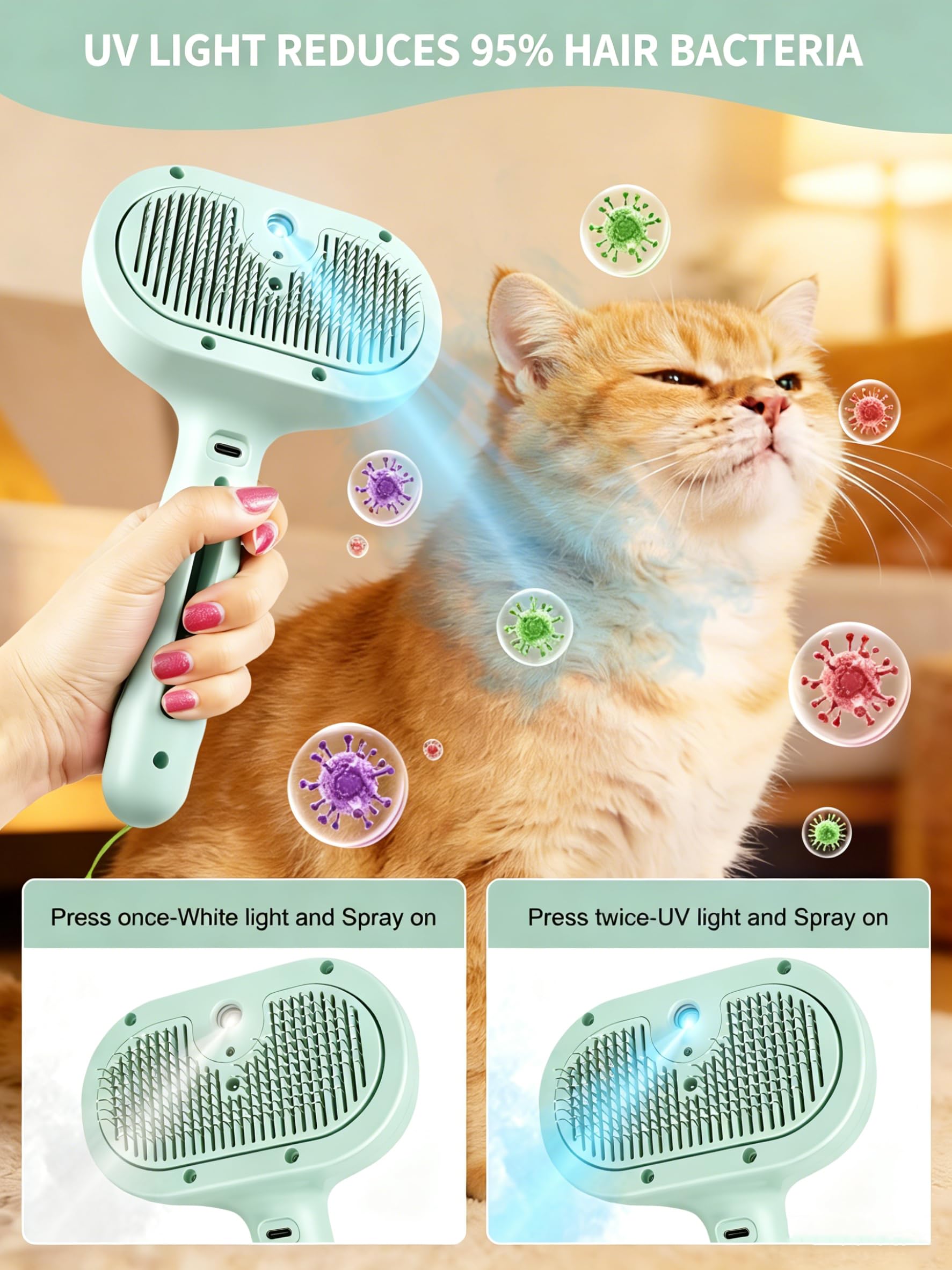 Cepillo de vapor 5 en 1 para perros y gatos con botón de vapor y liberación, herramienta de aseo para mascotas de interior, eliminación de pelo de gato, agua para animales pequeños, pelo largo y corto