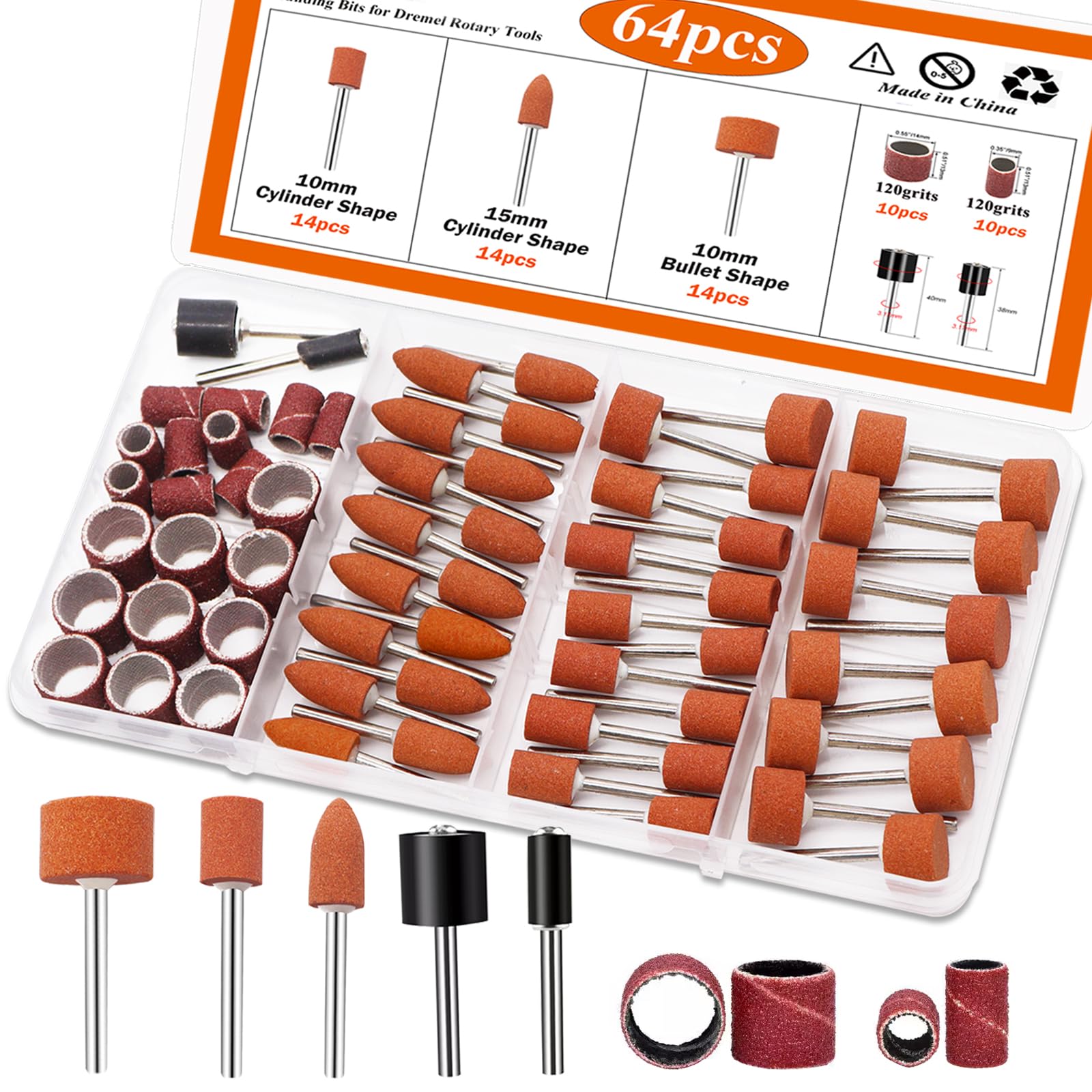 mxuteuk 64Pcs Sanding Bits for Dremel Rotary Tools, 42Pcs Aluminum Oxide Grinding Stones Sanding Drill Bits (1/8 inch Shank) and Sanding Drums, Grinding Bits for Metal Rust Removal Polishing