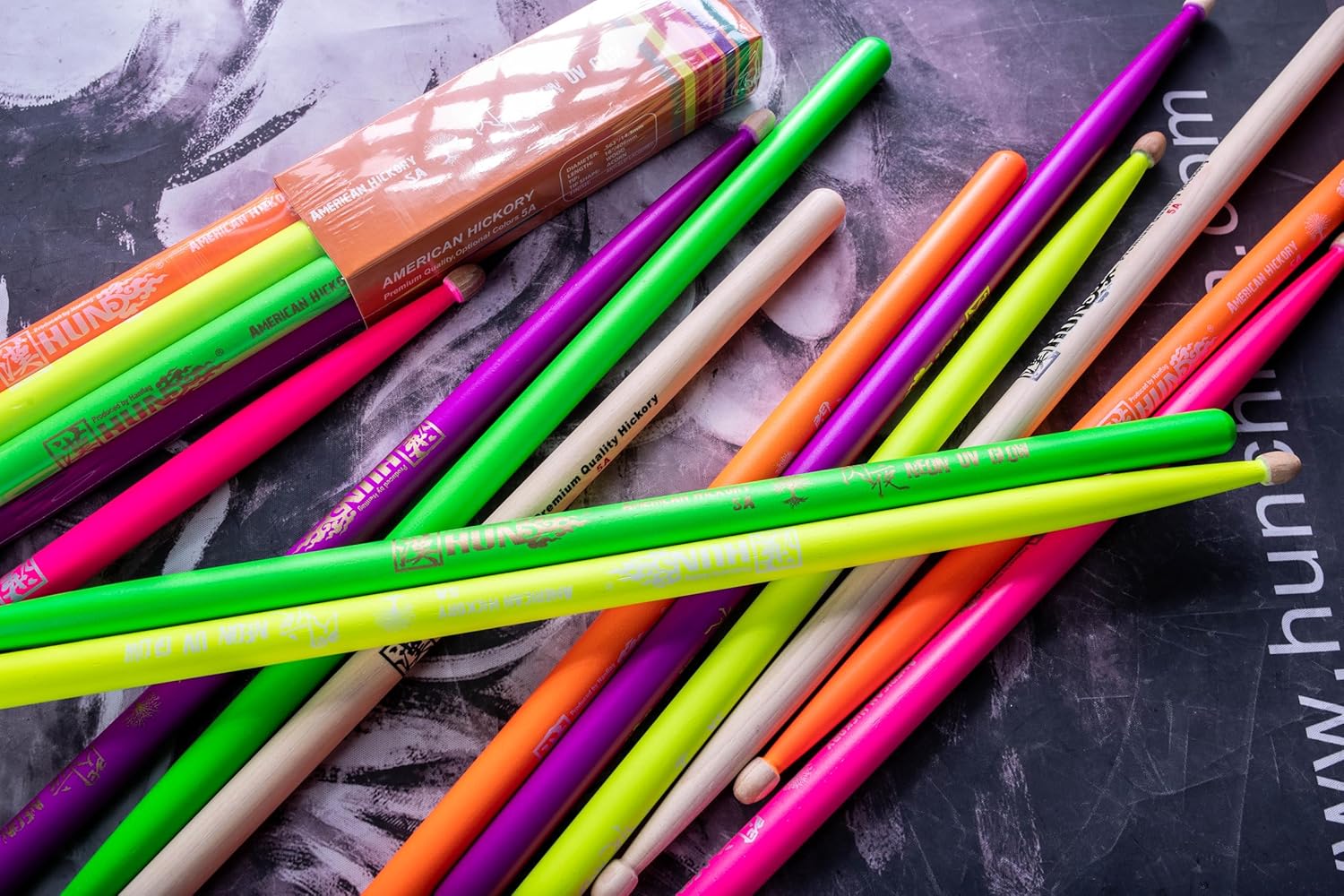 Yello Color Neon UV Glow Drumsticks 5A - 3 Pairs (6 Sticks),Hickory Wood, Weight and Pitch Matched for Balanced Feel,Glows Under Black Light for Stage Performance