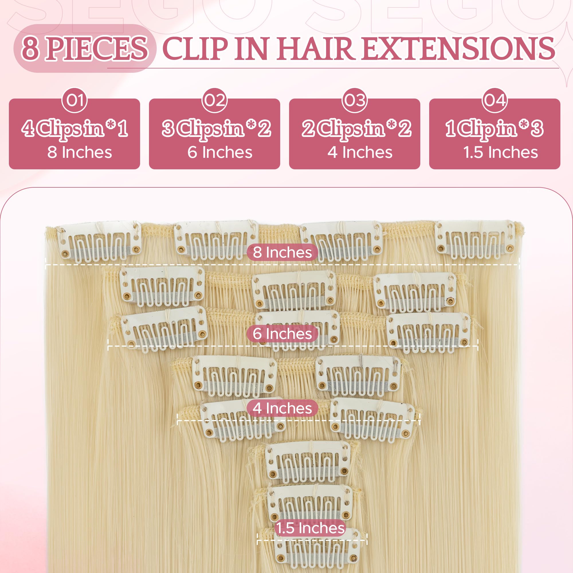 SEGO 26 Inch Thick Highlight Hair Piece 8PCS Long Straight Clip in Extensions Full Head 175g Synthetic Fiber Hairpieces For Women,#613 Bleach Blonde - Image 3