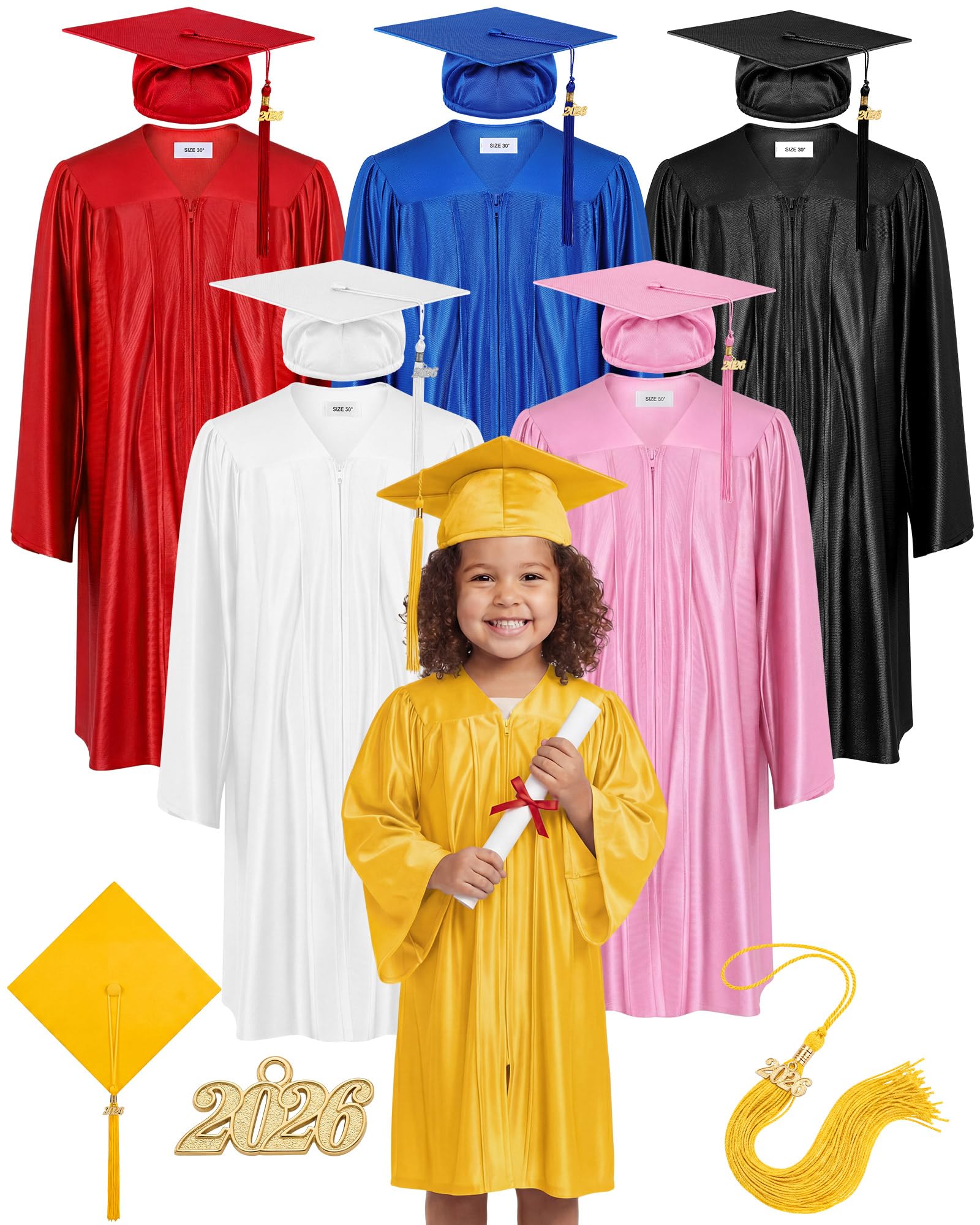 Xuhal 6 Set Preschool Graduation Cap and Gown Set Kindergarten Grad Gowns Children Graduation Cap with 2026 Grad Tassel