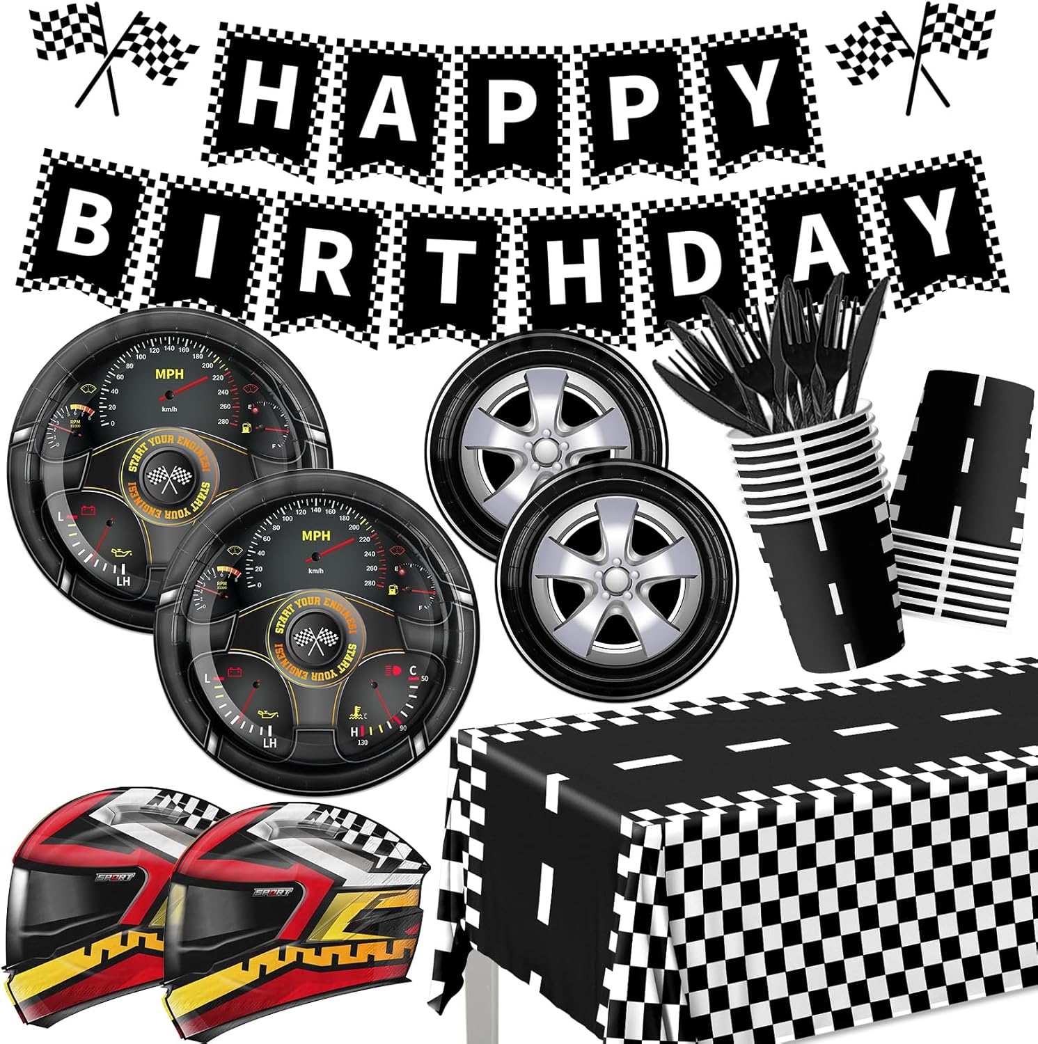 Race Car Party Supplies 170Pcs Racing Car Party Decorations Race Car Party Plates and Napkins Set for Race Car Theme Birthday Race Track Party Supplies Serve 24
