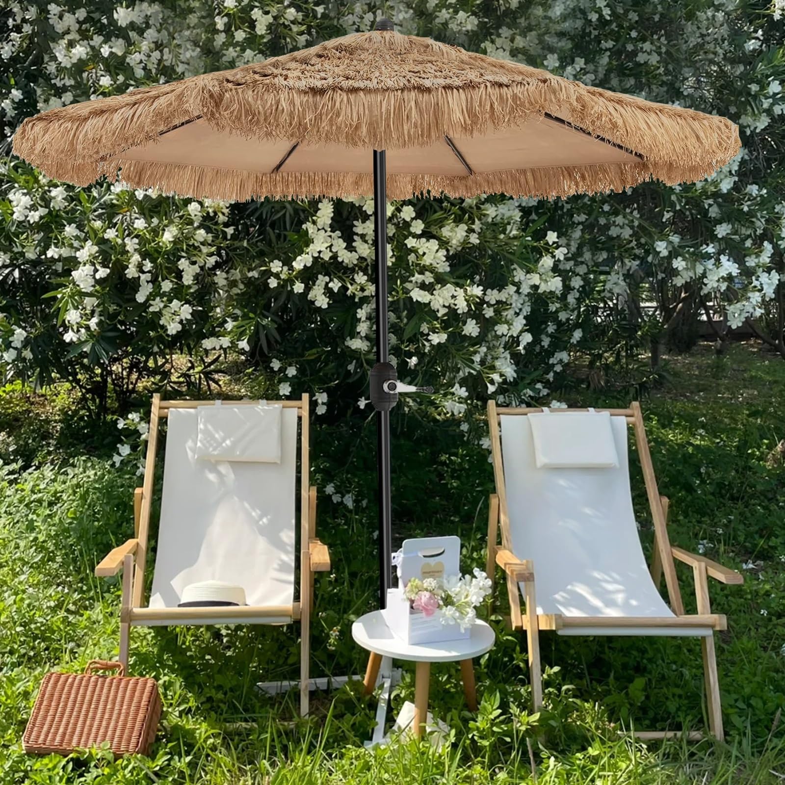 Parasol Ogrodowy W Stylu Hawajskim 270cm, Odporny Na Wiatr Plażowy Z Ochroną UV50+, Słomiany Parasol Ogrodowy, Nie Wymaga Podstawy, Idealny Na Taras I Basen