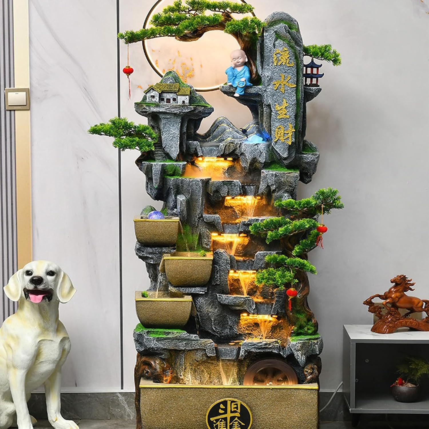 Outdoor Fountain Floor Standing Water Fountain with Rockery and Feng Shui Ball Decorative Fountain for Living Room, Modern Resin Water Fountain for Home and Garden Decoration Backyard Decoration