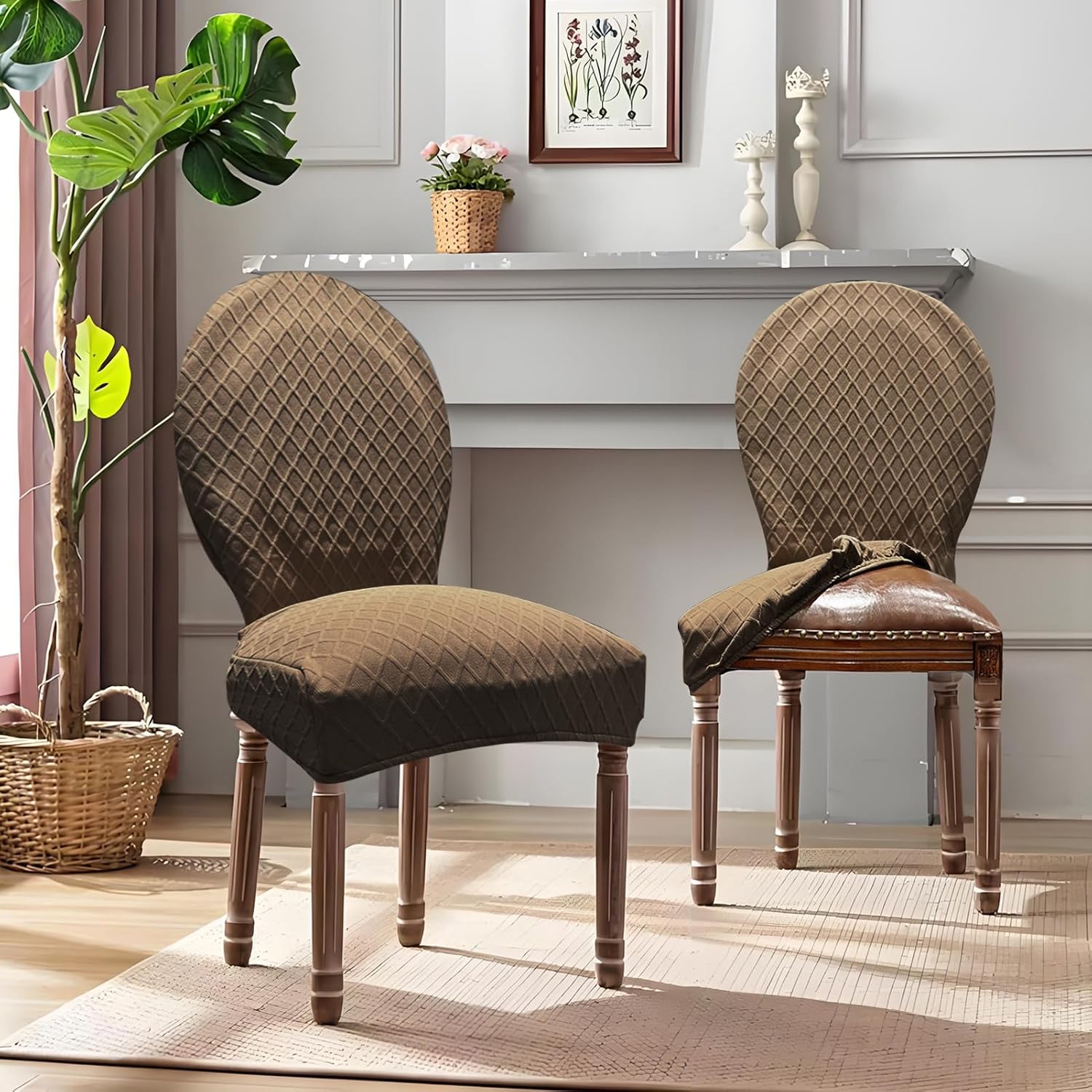 Large Round Back Dining Chair Slipcovers, Set of 4/6 Stretch Dining Chair Covers for Kitchen Dining Room Chair Seat Protectors (4, Chocolate, Large)