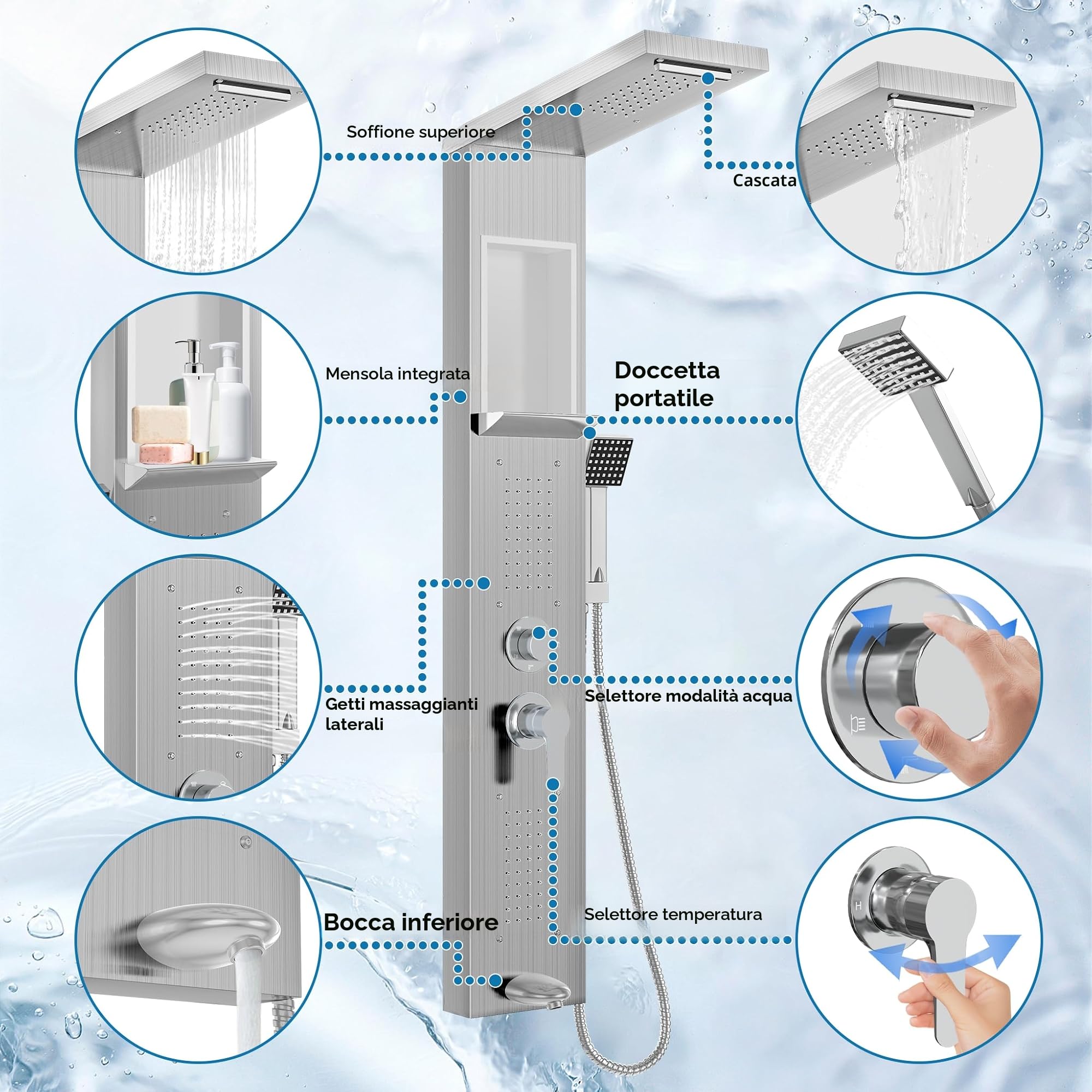 Froadp - Pannello doccia in acciaio inox, sistema doccia a parete con 5 funzioni: doccia a pioggia, con doccetta, doccia massaggiante, doccia a cascata, set doccia completo a colonna (argento)