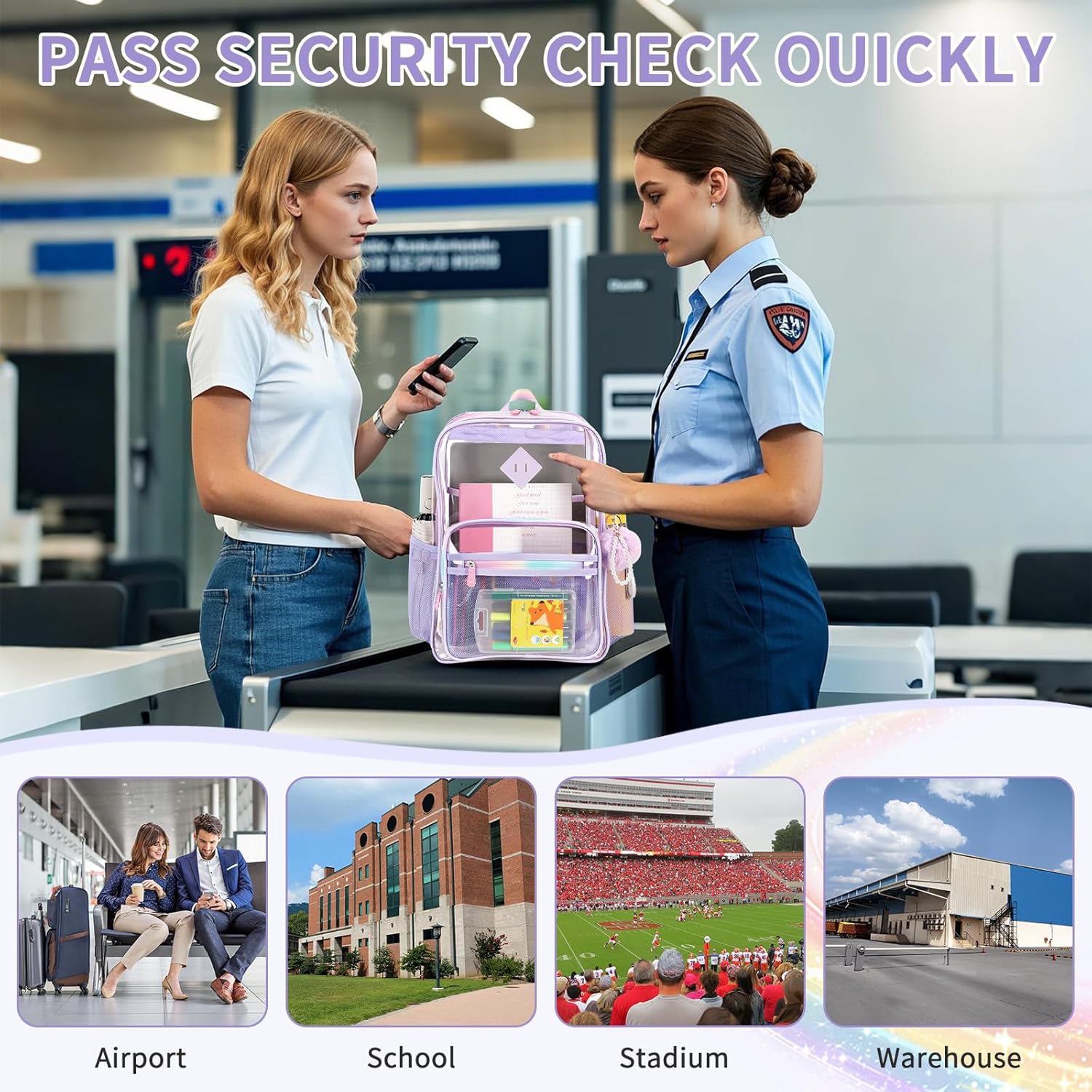 MUSEVOS Clear Backpack Heavy Duty Transparent Backpack for School Clear Bags with Wider Shoulder Straps See Through Plastic Bags Sport Events Concert Stadium-Purple