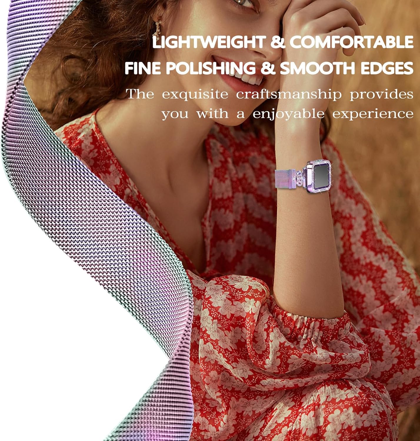 Magnetic Band Compatible with Apple Watch 38mm 40mm 41mm 42mm 44mm 45mm 46mm Stainless Steel Metal Strap with Bling Case and Built-in Screen Protector, Dressy Milanese Loop iWatch Bands for Women - Image 4