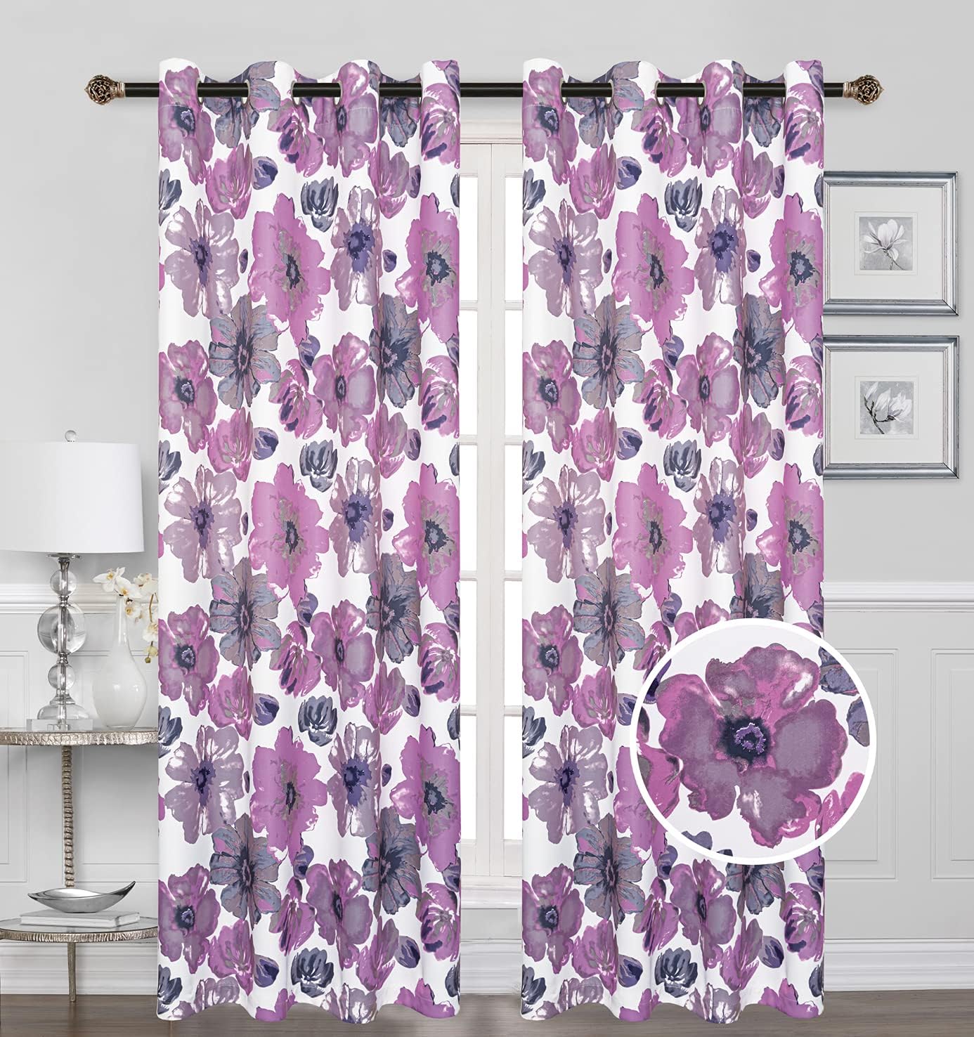 Beatrice Home Floral Darkening Window Panel Thermal Insulated 100% Blackout Drapes 54”Width 84" inch Long (Pair) for Living Room Bedroom & Dining Miami Collection ((Yellow-Gray))