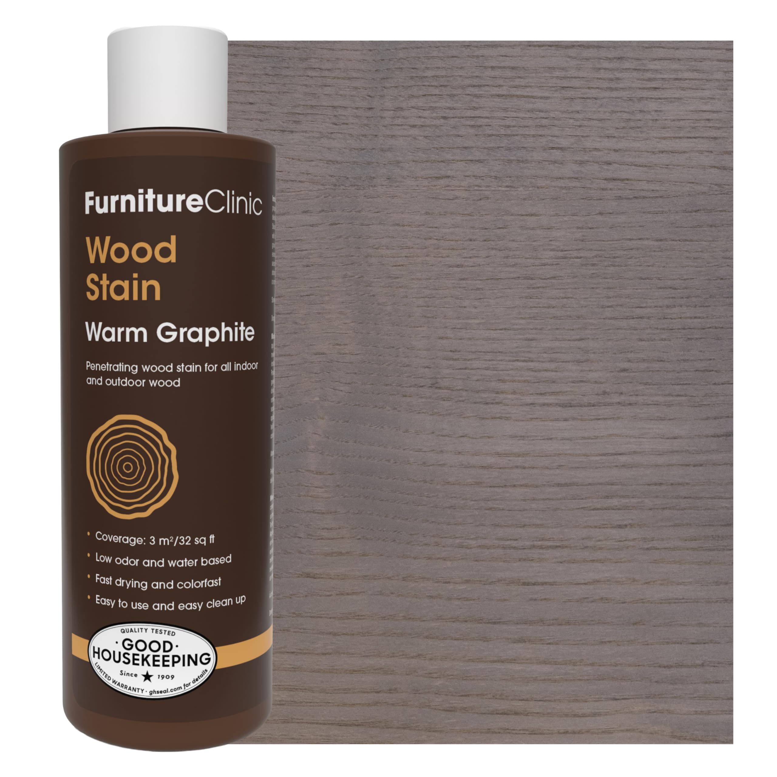 Furniture Clinic Wood Stain | Warm Graphite | Water Based | Fast Drying, Low Odor, & Non-Toxic | for Indoor & Outdoor Furniture and More | Multiple Finishes | (8.5oz / 250ml)