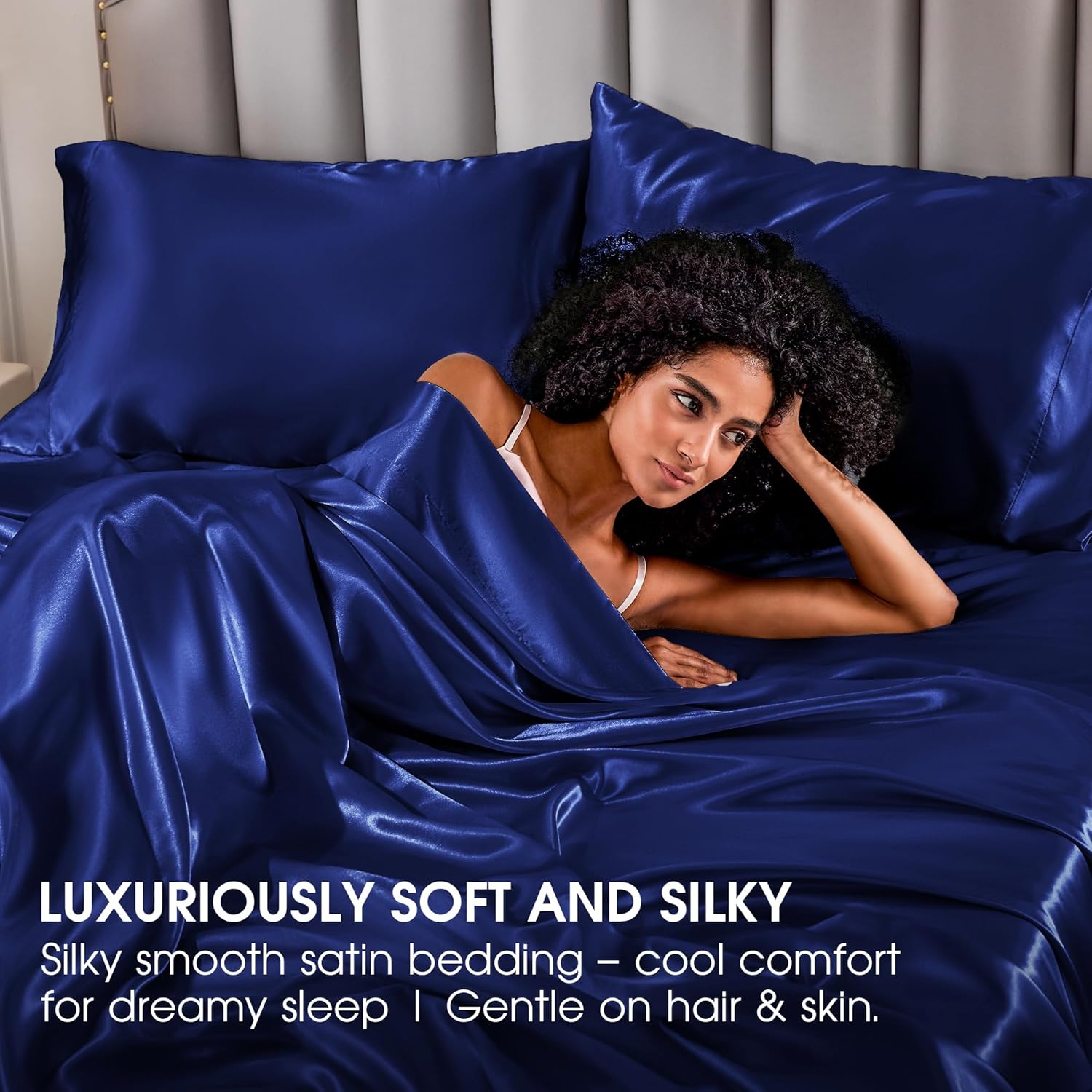 FreshCulture Satin Sheets Queen Size Bed Set- 4 Piece Luxury Soft Silky Queen Sheet Set, Similar to Silk Bed Sheets with 1 Deep Pocket Fitted Sheet, 1 Flat Sheet & 2 Pillowcases (Navy)