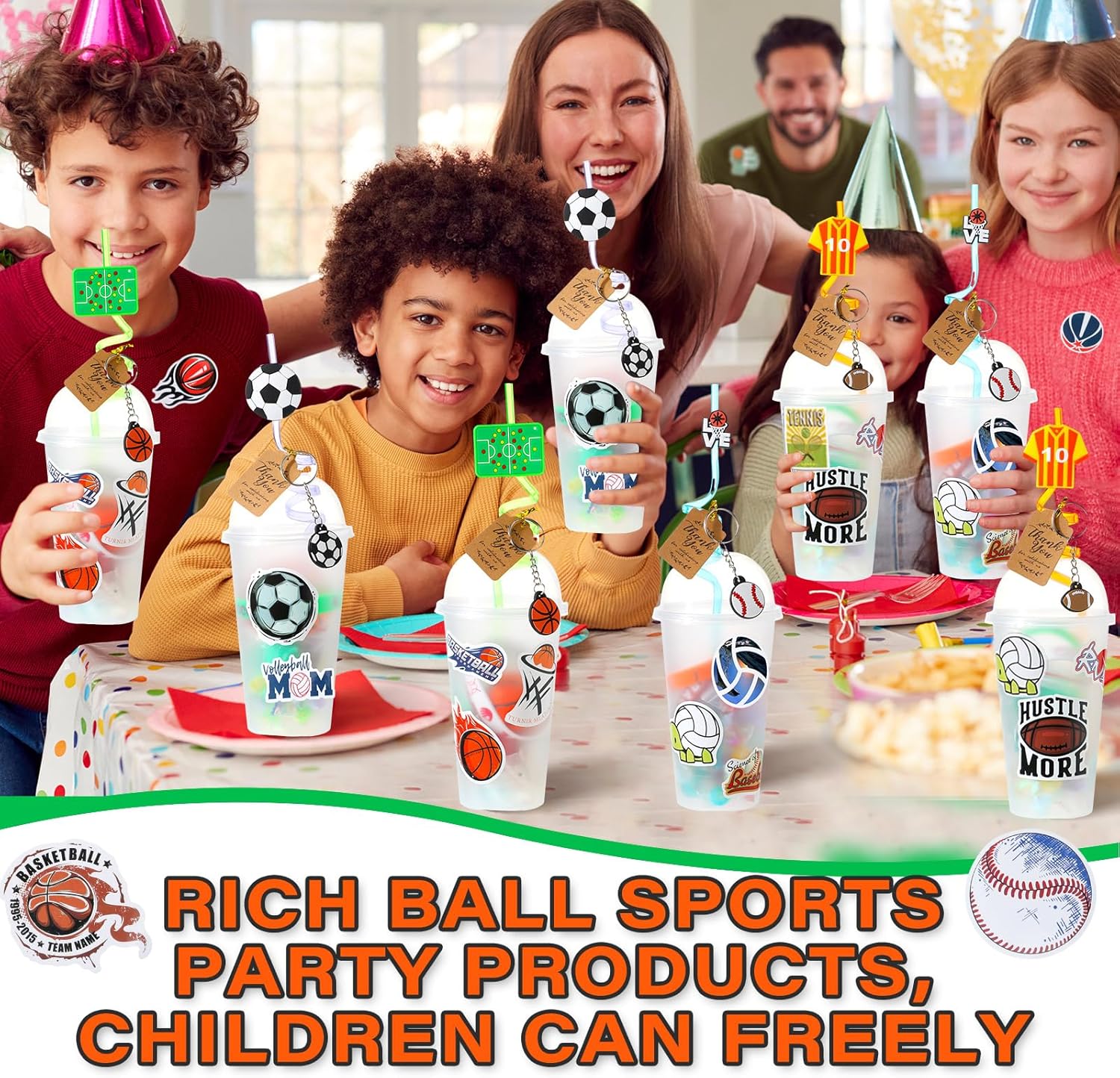 Weysat 184 Pcs Sport Party Favors Party Goodie Bag Fillers Cup Straw Stress Ball Keychain Sticker Wristband Whistle Thank You Tags for Birthday Decorations (Sports Style)