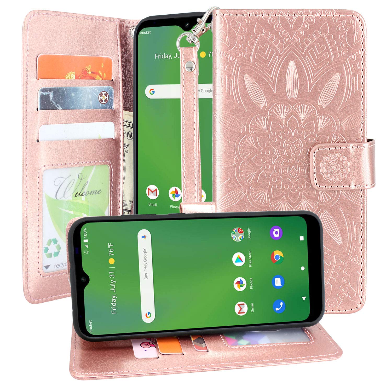 Harryshell Kickstand Flip PU Leather Wallet Case Cover with Card Slots Wrist Strap for Cricket Ovation (Rose Gold)