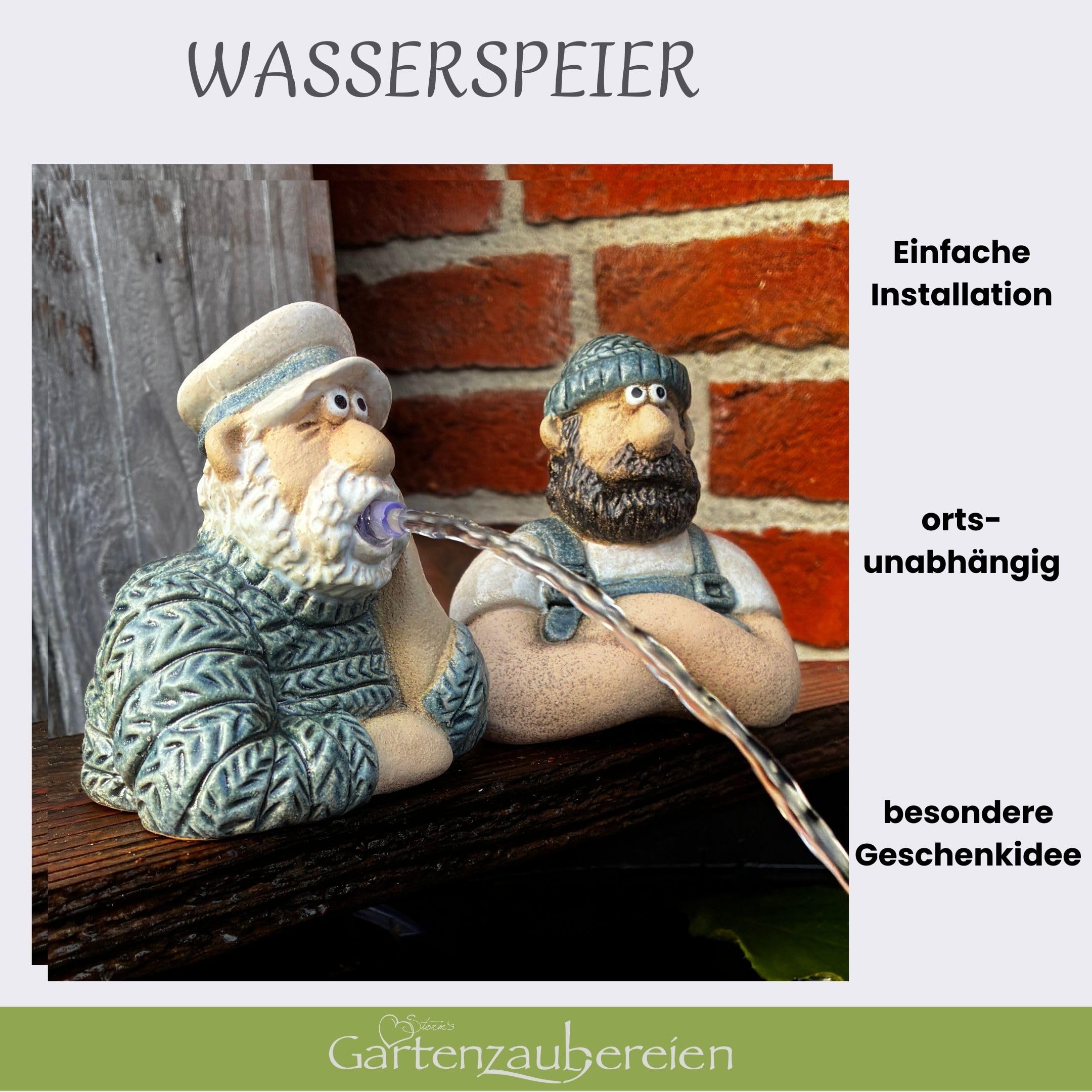 Storm's Gartenzaubereien Solar Wasserspeier Seemann Set mit Akku - 2er Set Matrosen Figuren in Strick-Optik - Maritimes Wasserspiel Garten/Balkon/Miniteich - 6.5W Modul mit 4-5h Laufzeit - 3m Kabel