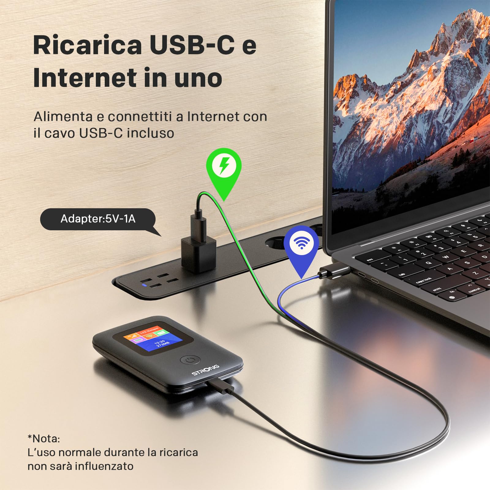 STRONG 4GMIFI150CD Saponetta WiFi con SIM, CAT4 150 Mbps | Display a Colori, Hotspot WiFi per Viaggi e Lavoro Mobile, Condivide 4G con 10 Dispositivi, Batteria 2100 mAh & USB-C