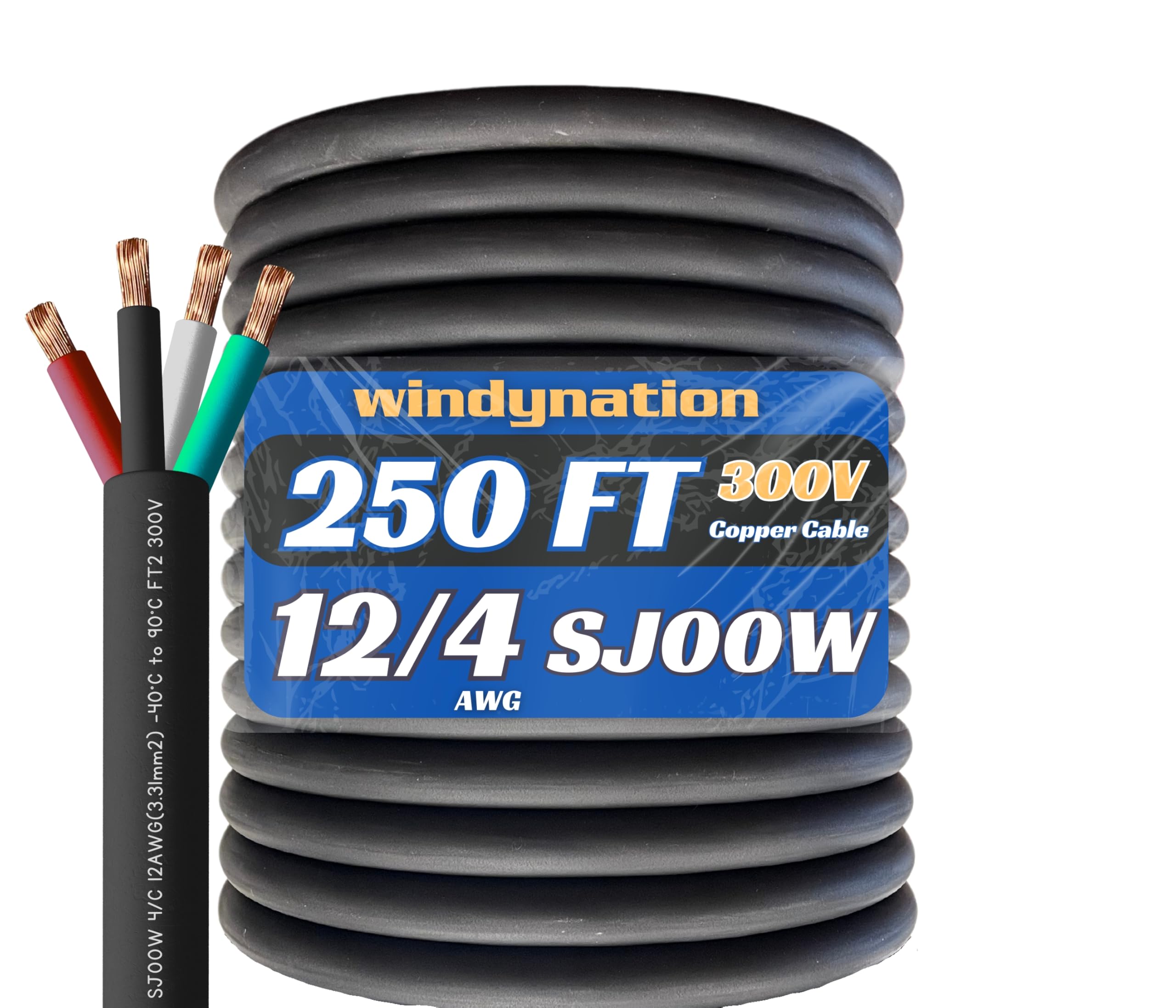 250 Feet 12/4 SJOOW Cable Cord 12 AWG 4 Conductor SO Wire - 12 Gauge 4 Conductor (12/4 Wire) 300V Portable Power Extension Cable for Motor Leads,