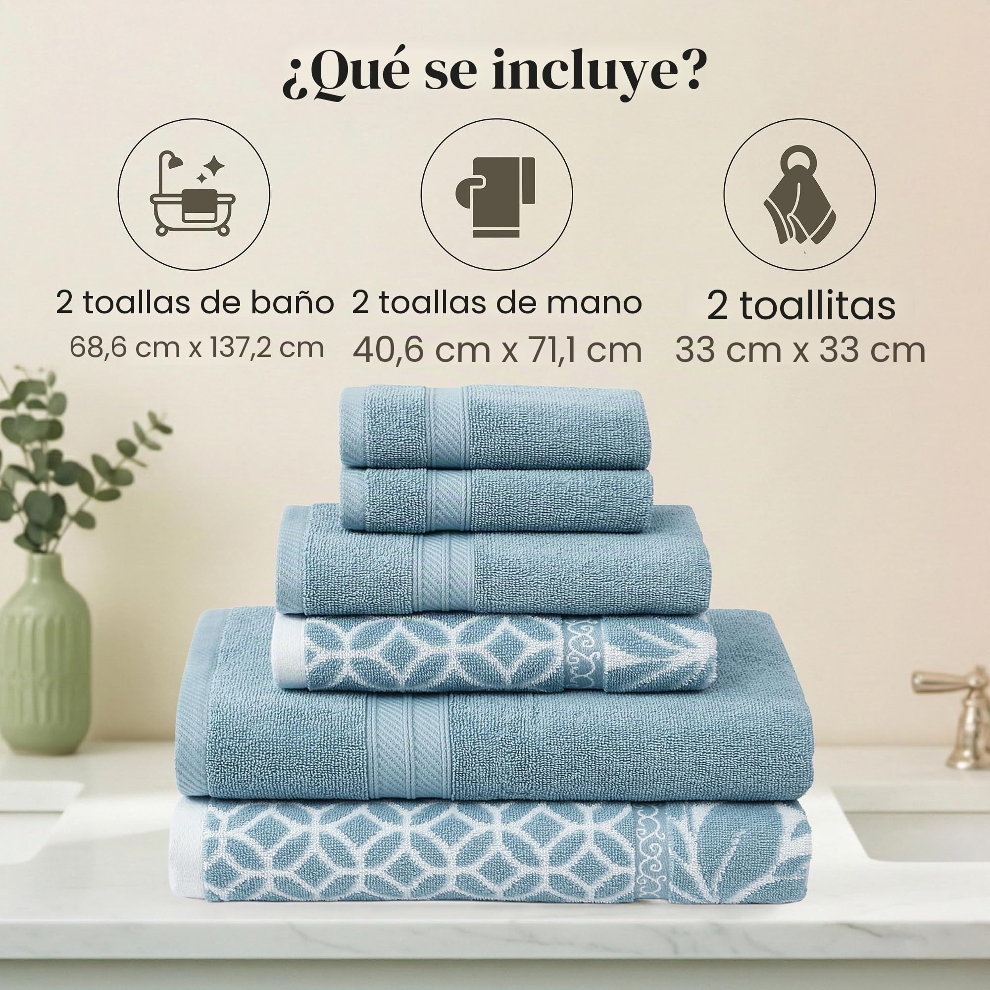 Modern Threads Trefoil Filigree - Juego de 6 Toallas Reversibles de Jacquard teñidas con Hilo teñido, Toallas de baño, Toallas de Mano y paños de baño, súper absorbentes y de Secado rápido, 100%