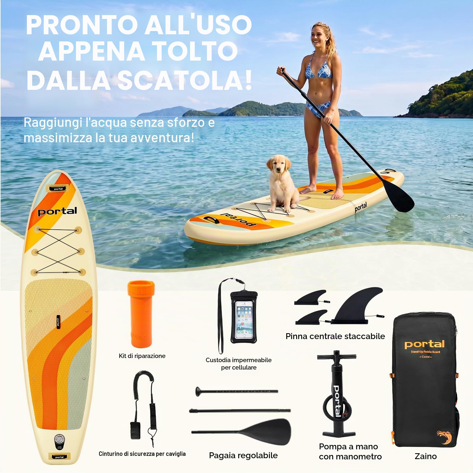 Portal Tavola da stand up paddle, 10'6x33 x6 tavole gonfiabili con accessori SUP tra cui borsa per il trasporto, pompa a mano, pagaia, guinzaglio, pinna, kit di riparazione, custodia impermeabile per