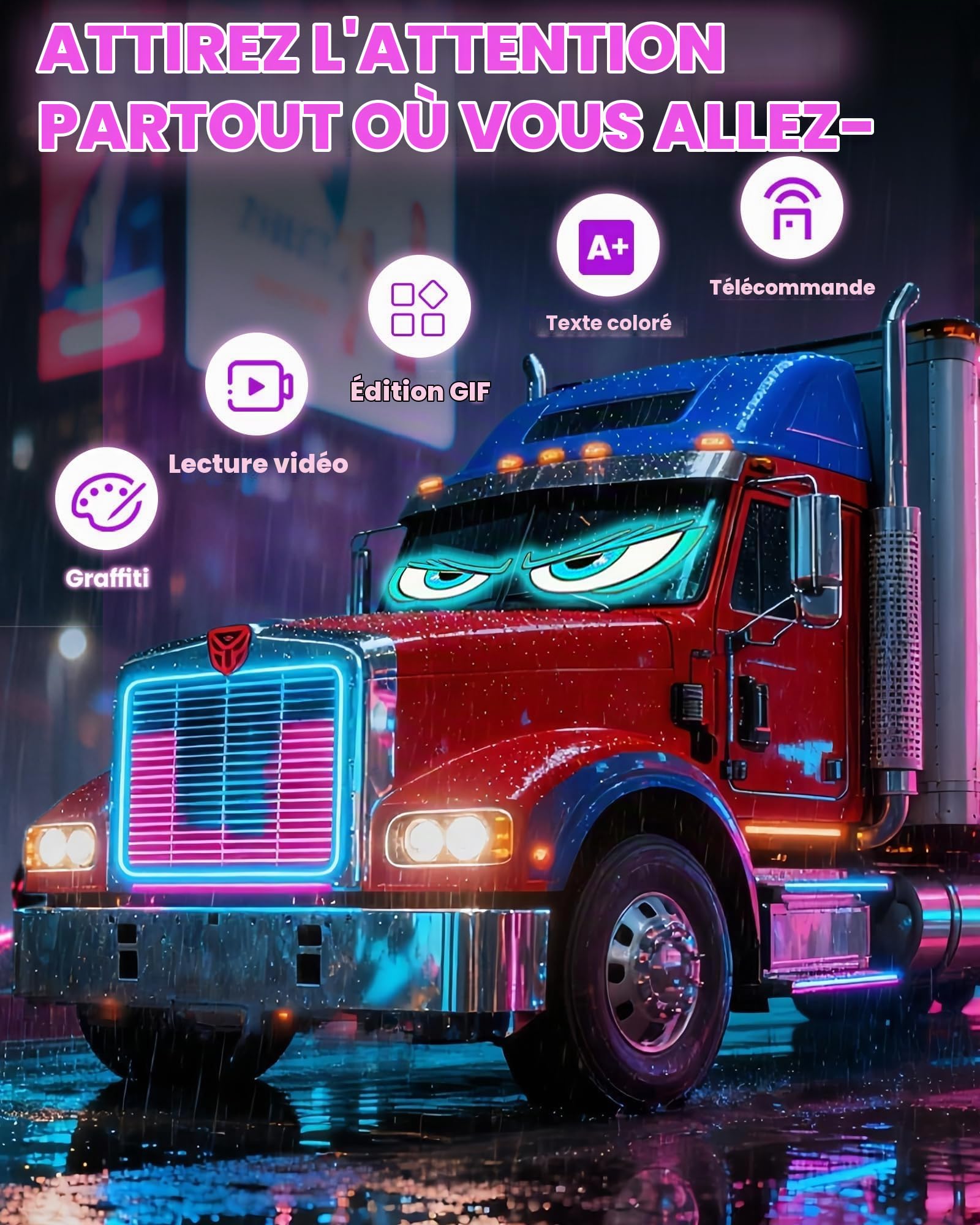 2 Pièces 12 * 59.5cm Yeux Led pour Camion et Voiture, Écrans LED | Pare-Brise de Voitures/Camions/Suv/Camping-Cars avec ContrôLe via Application, Texte Personnalisé, Animations et Graphiques