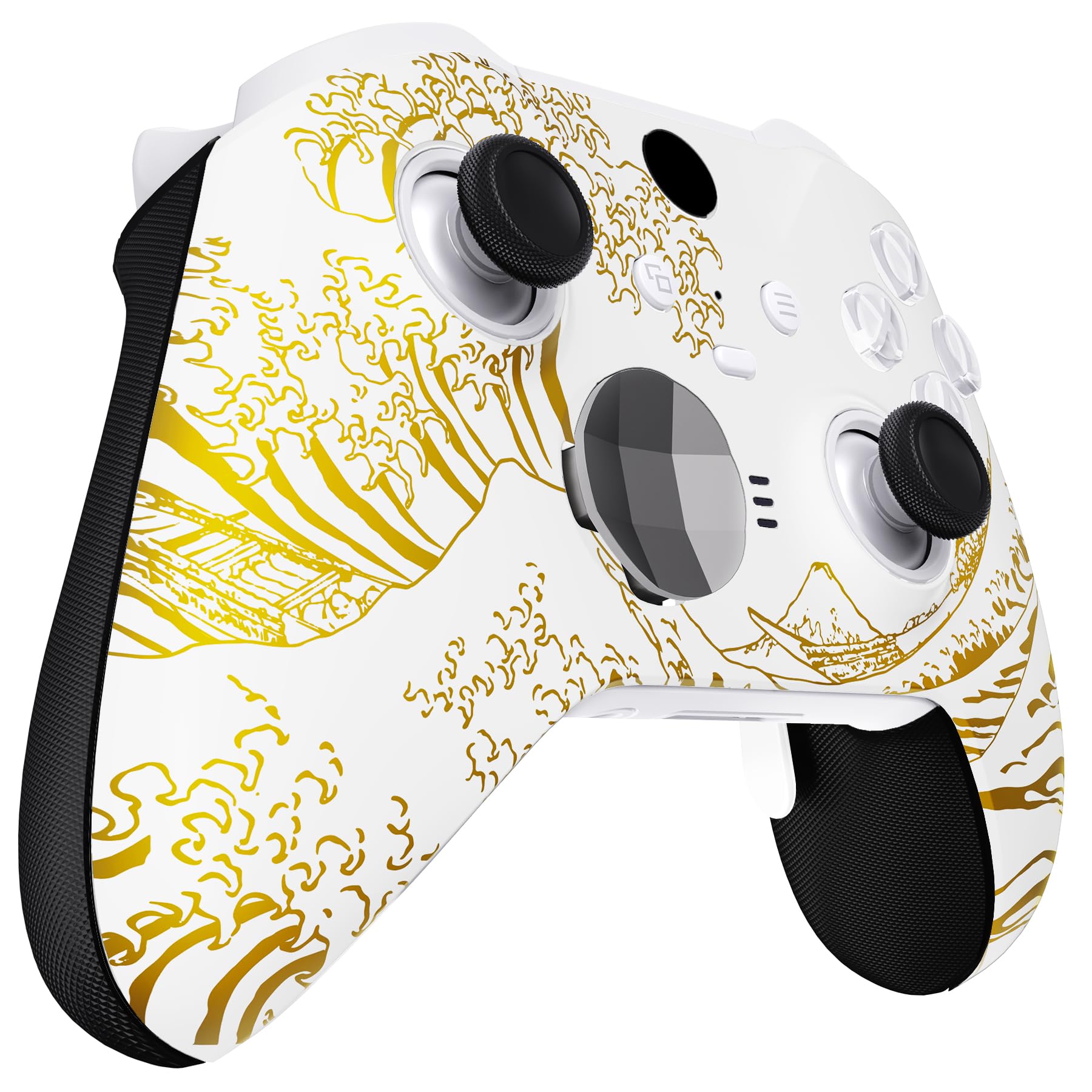 eXtremeRate Front Housing Shell for Xbox One Elite Series 2, Custom Faceplate with Accent Rings for Xbox Elite 2 Core Controller (Model 1797) - The Great Golden Wave Off Kanagawa (White)
