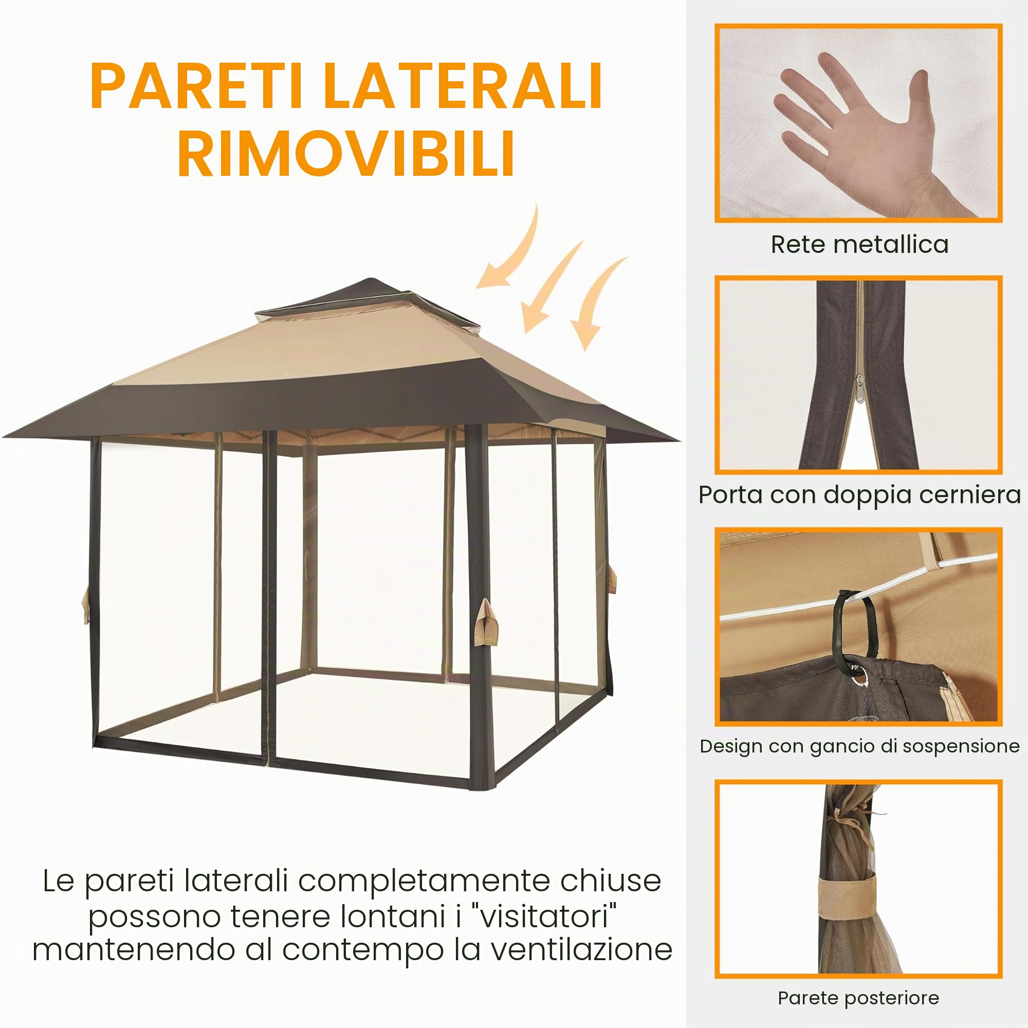 Yaheetech Gazebo da Giardino 4x4 m con Zanzariera Struttura in Metallo Doppio Tetto Kaki