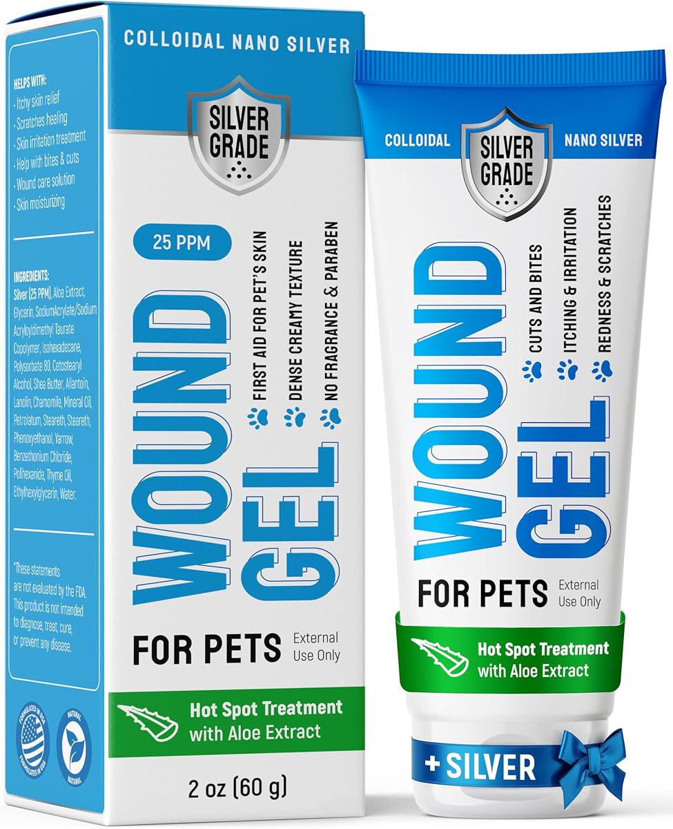 Wound Gel Tube for Pets – Dog Wound Care with Silver & Aloe – Cat & Dog Hot Spot, Scratches, Cuts, Bites Care – Help with Abrasions & Sores in Horses – Safe Breeds – 2 Oz