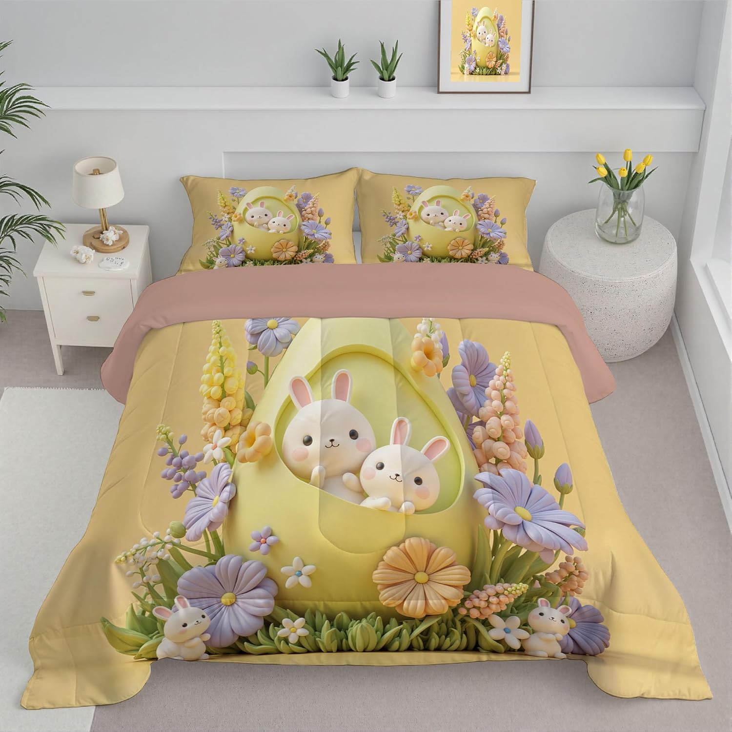 Yellow 80" x 90" Duvet, Reversible Coverless Children Boys Girls 3 Duvet, Full Washable Quilt 7.5 Tog for All Seasons, Resurrection Armor Egg Flower Comforter with 2 Pillowcases