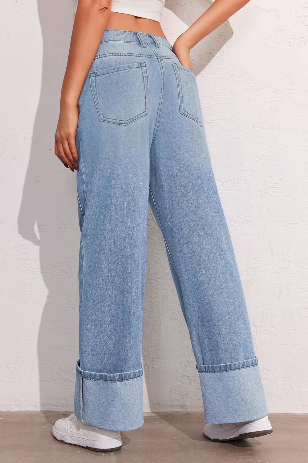 PLNOTME Womens Baggy Jeans Boyfriend Wide Leg Trendy Casual Mid Rise Cuffed Hem Denim Pants with Pockets - Image 4
