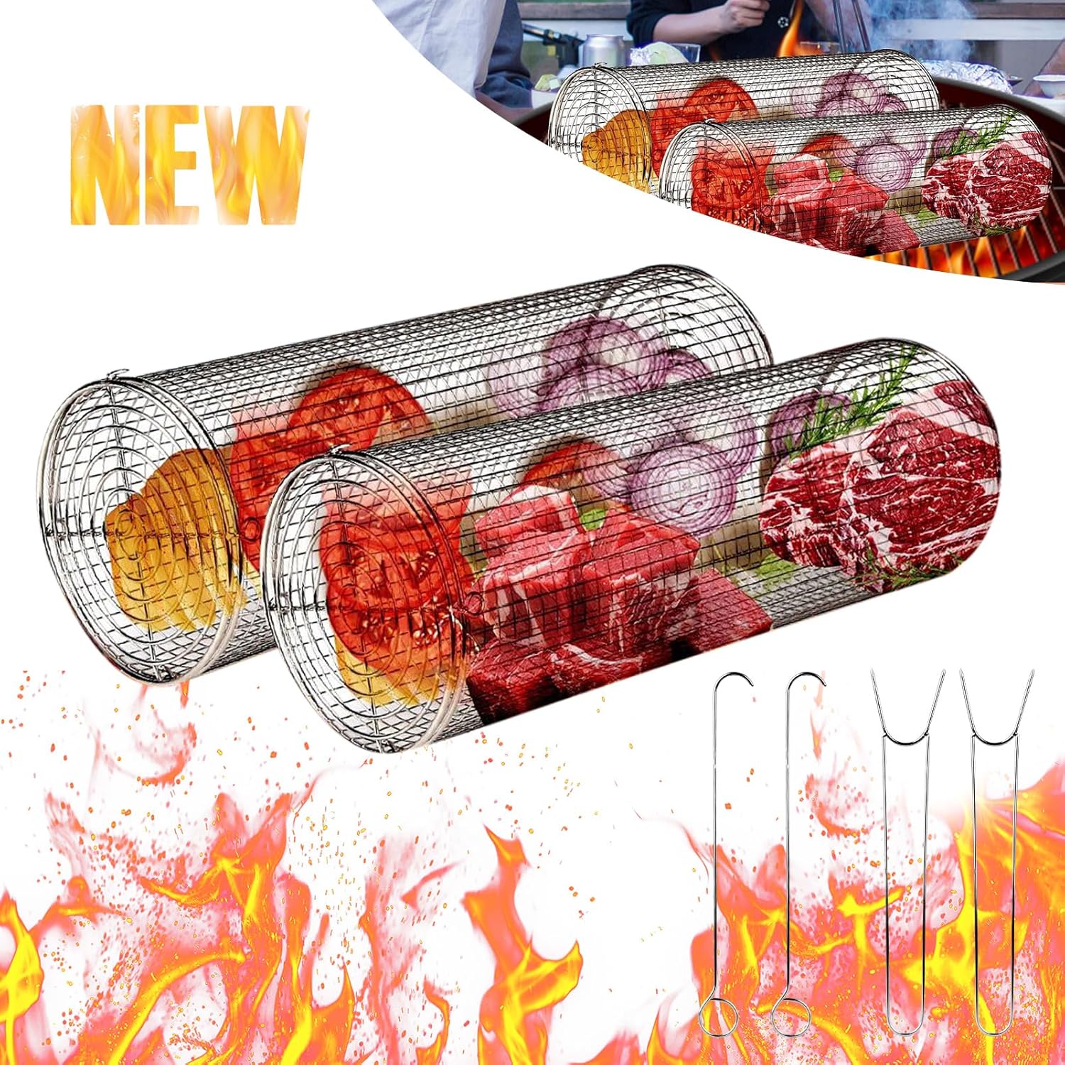 Rolling Grilling Baskets for Outdoor Grilling, 2 PCS BBQ