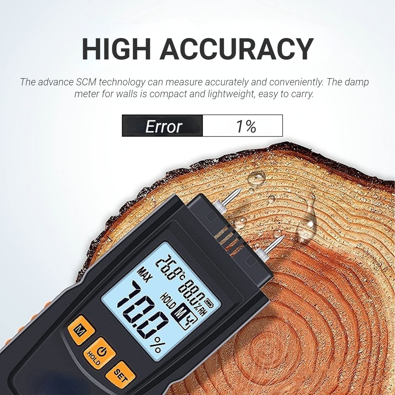 Jectse Medidor digital de humedad de madera, GM620, pantalla LCD ajustable, medidor de humedad para leña, madera, bambú, algodón, papel, detector de humedad de -10-60 ℃