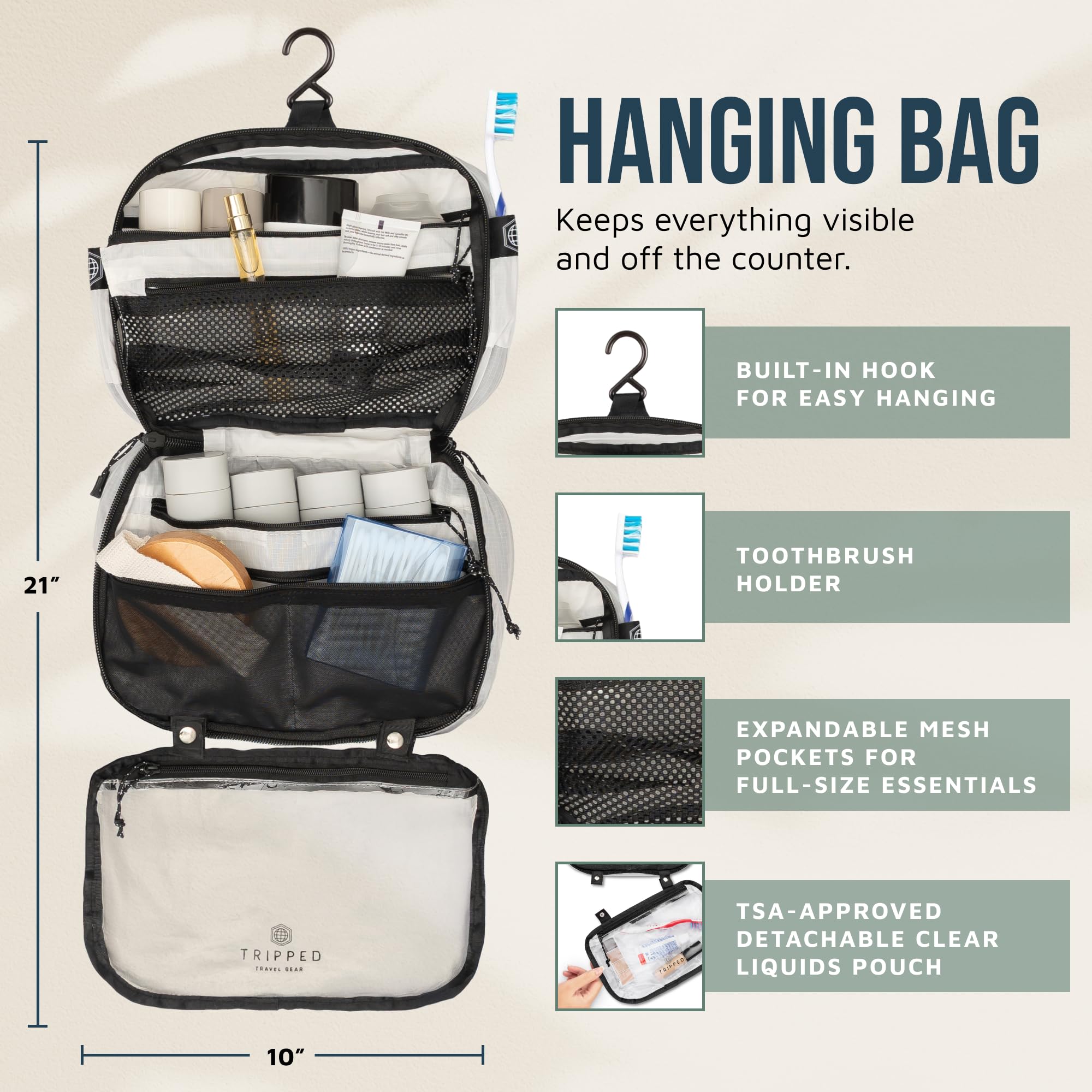 Zestaw kosmetyków: wisząca podróżna kosmetyczka + 311 TSA kosmetyczka na płyny + ultralekka torba na akcesoria organizer, Biały Ripstop, Carry-On Quart Size, 3-częściowy zestaw kosmetyków