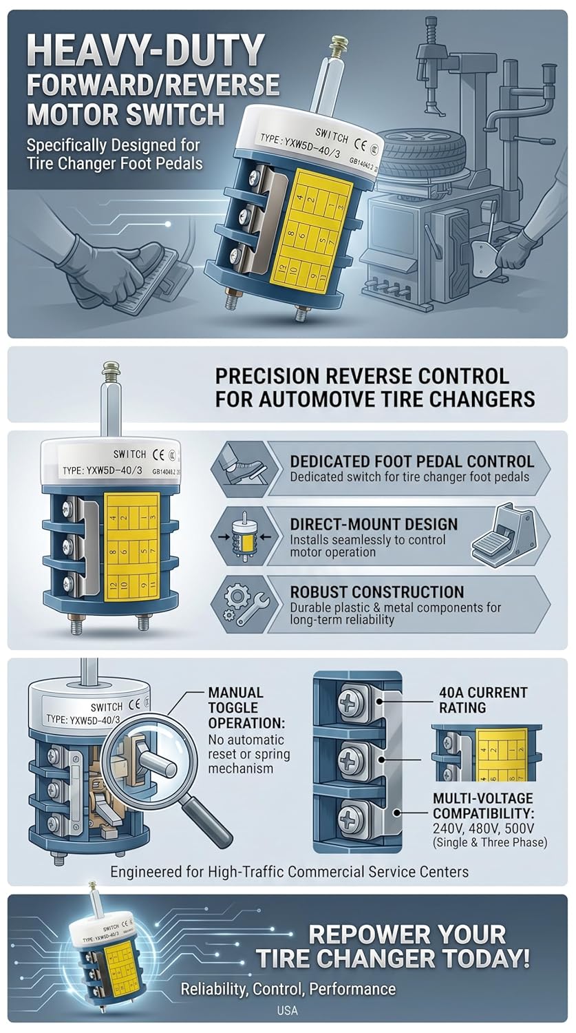 Tire Changer Switch, 220V/380V 40A Tire Changer Machine Motor Forward Reverse Switch Tool 40A Tire Forward Reverse Switch T2M20508-0567