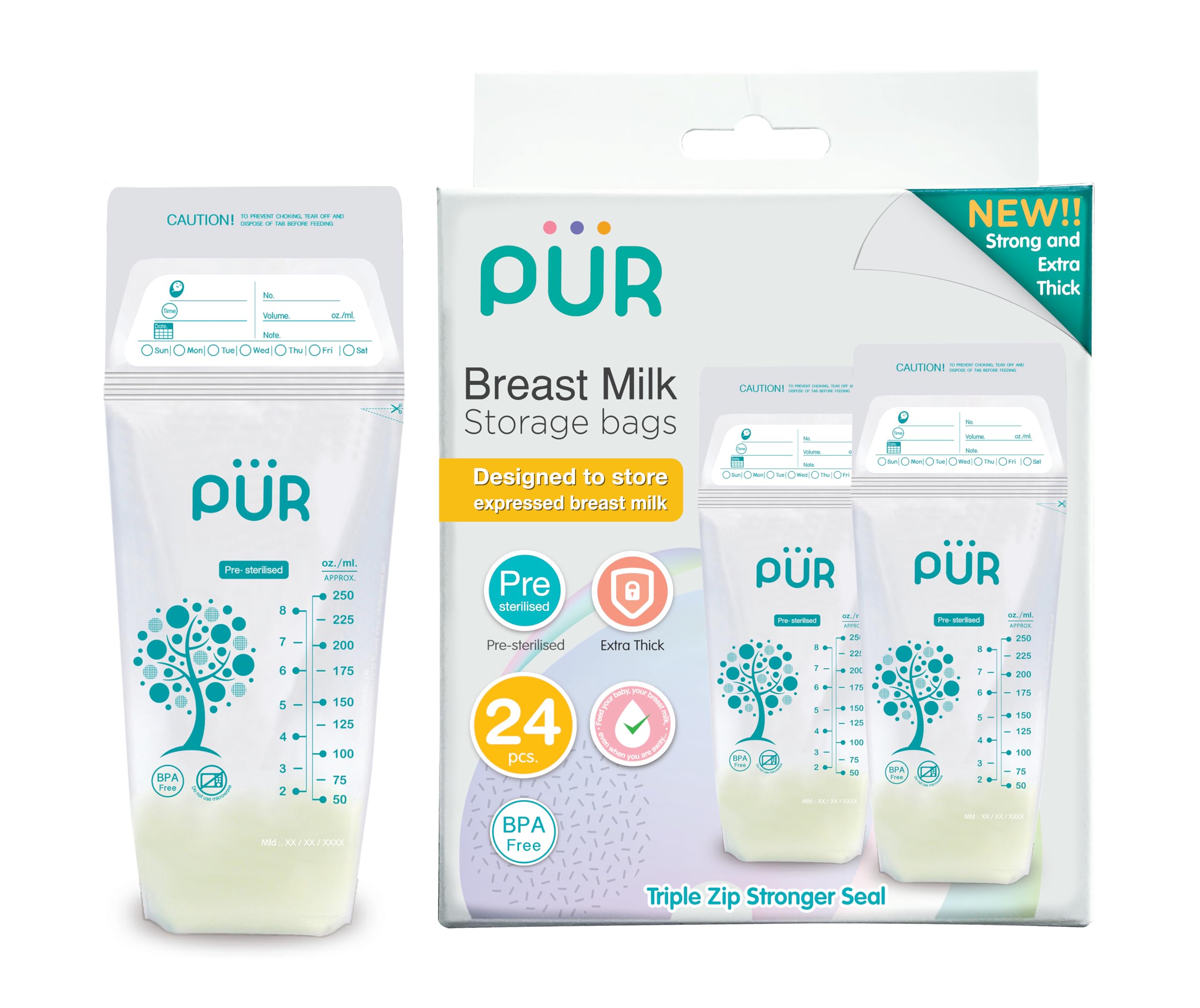 Pur Breast Milk Transparent Storage Bags by Fratelli | Breastmilk Pouches for Fridge or Freezer Use | Pre-sterilized | Reusable | Tripple Zipper for Ultimate Protection | 250ml (24 Bags)-image-41