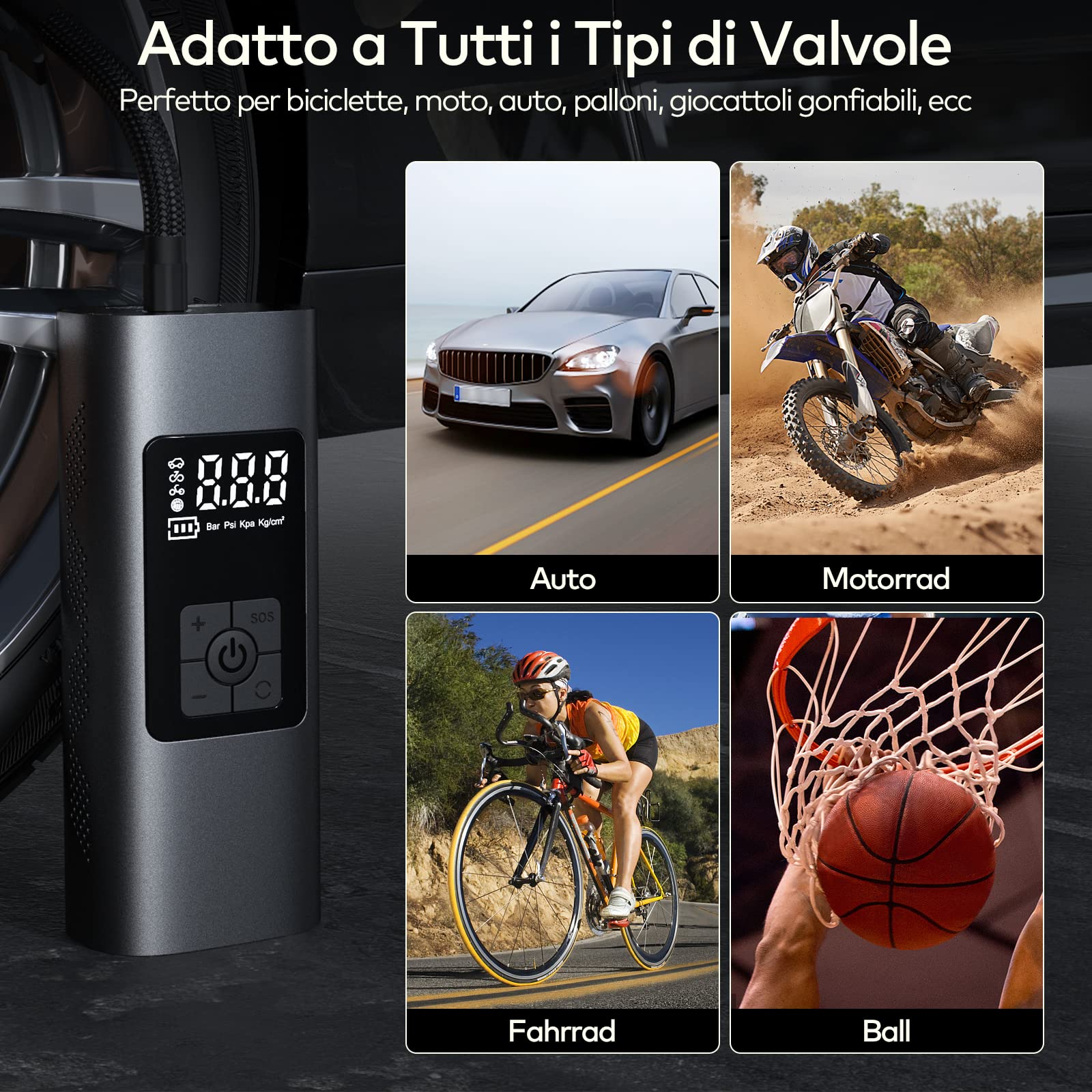 6000mAh Mini Compressore Aria Portatile 150PSI Gonfiatore Elettrico con Batteria Ricaricabile, Schermo LCD Digitale, Pompa per Bicicletta, Auto, Moto, monopattino, Palloni