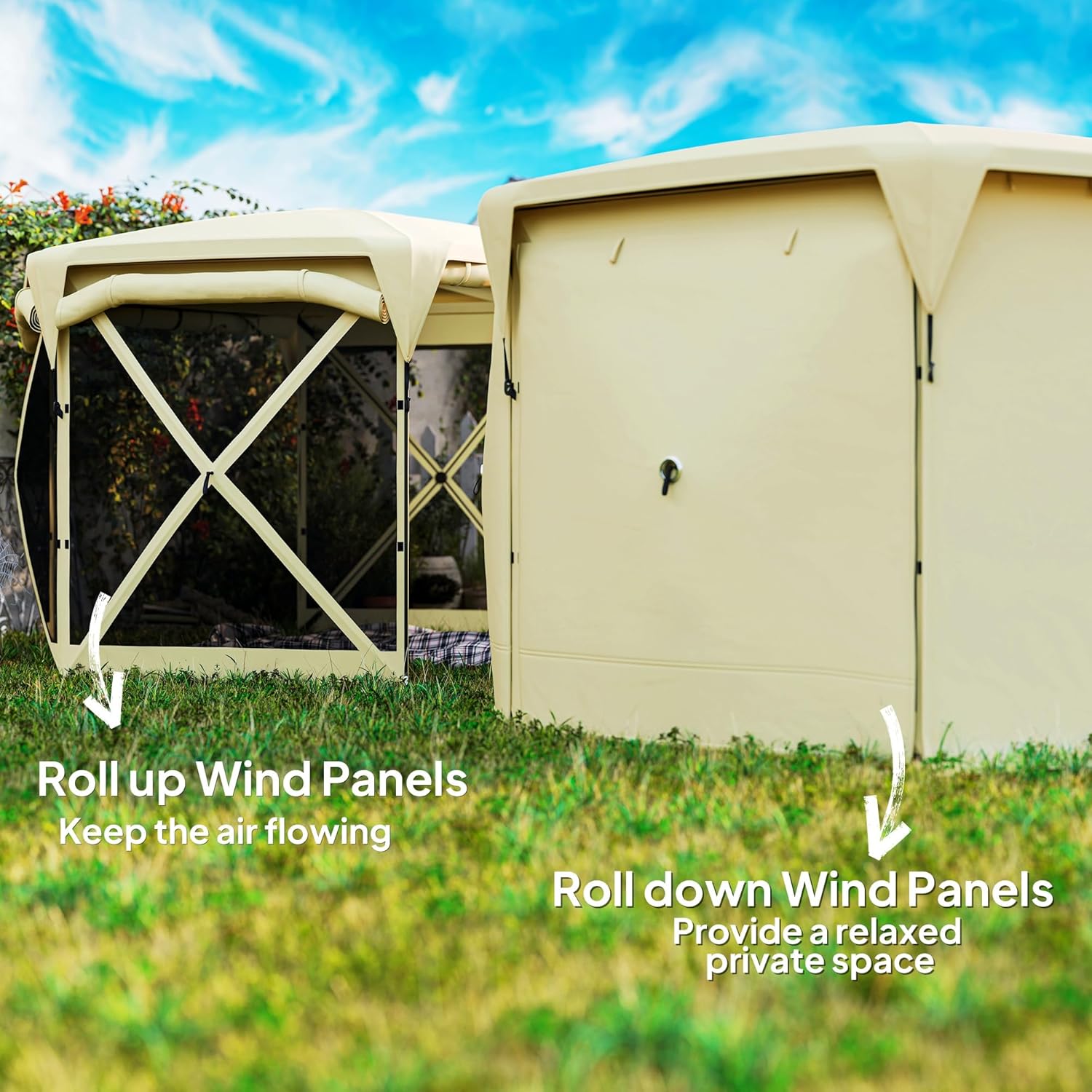 Image showing roll-up wind panels to keep air flowing and roll-down wind panels to provide a relaxed private space.