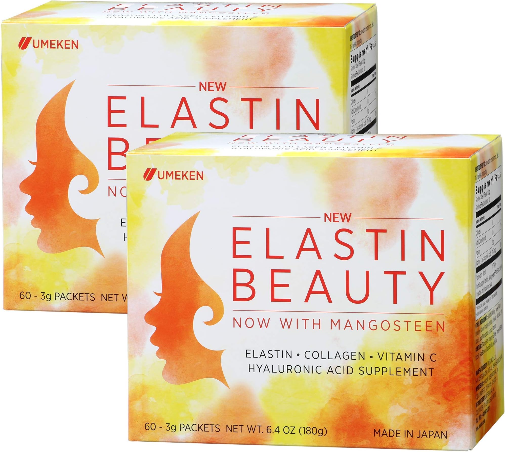 Umeken Elastin Beauty Powder Supplement with Collagen Peptides, Hyaluronic Acid, Vitamin C and Mangosteen Fruit, Women’s Health and Wellness, 2 Month Supply, 120 Packets