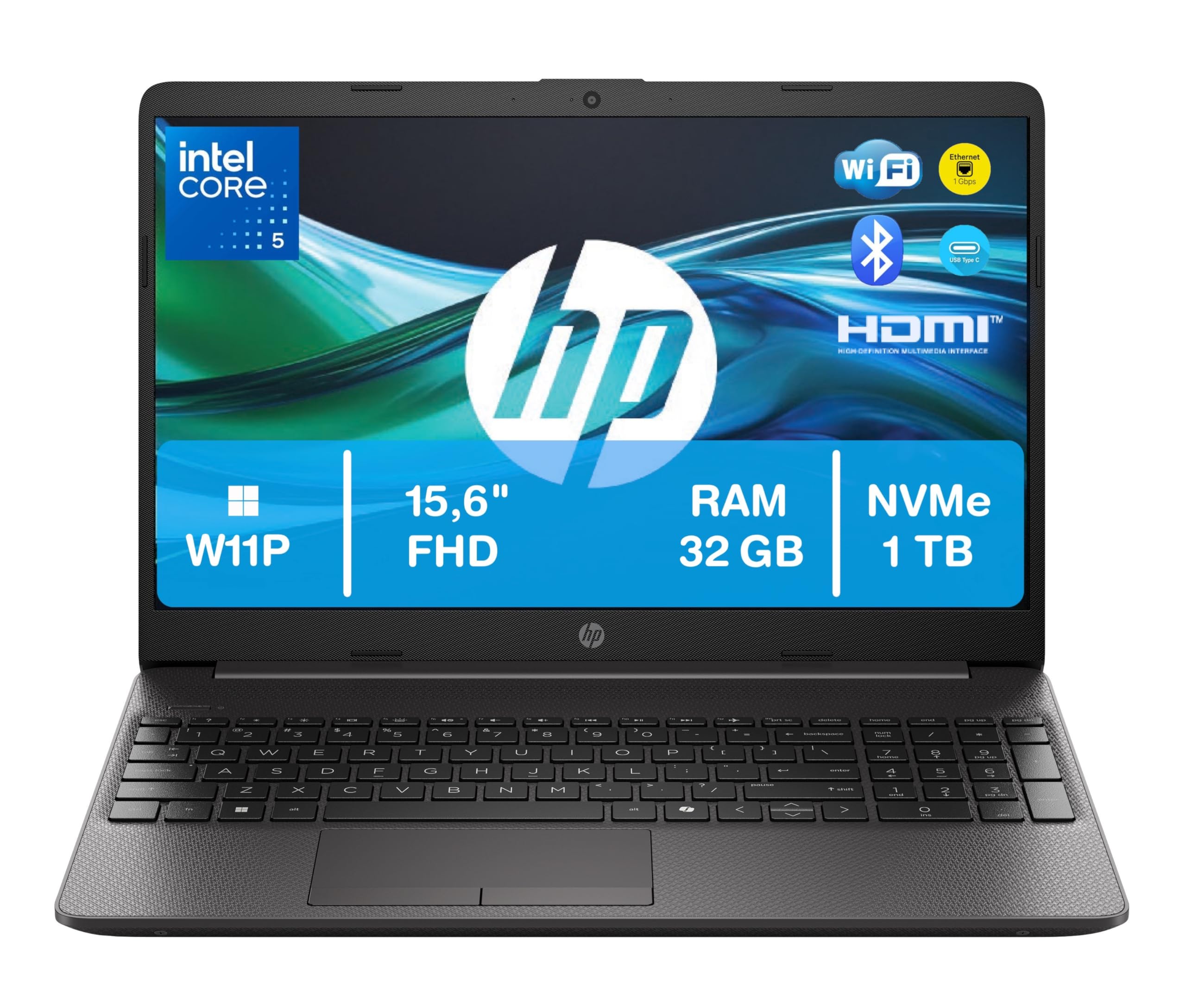 HP 250R G9, Computer Portatile Notebook, Intel Core 5 120U, 32GB RAM, 1TB SSD NVMe, Display 15.6'' Full HD, W11P